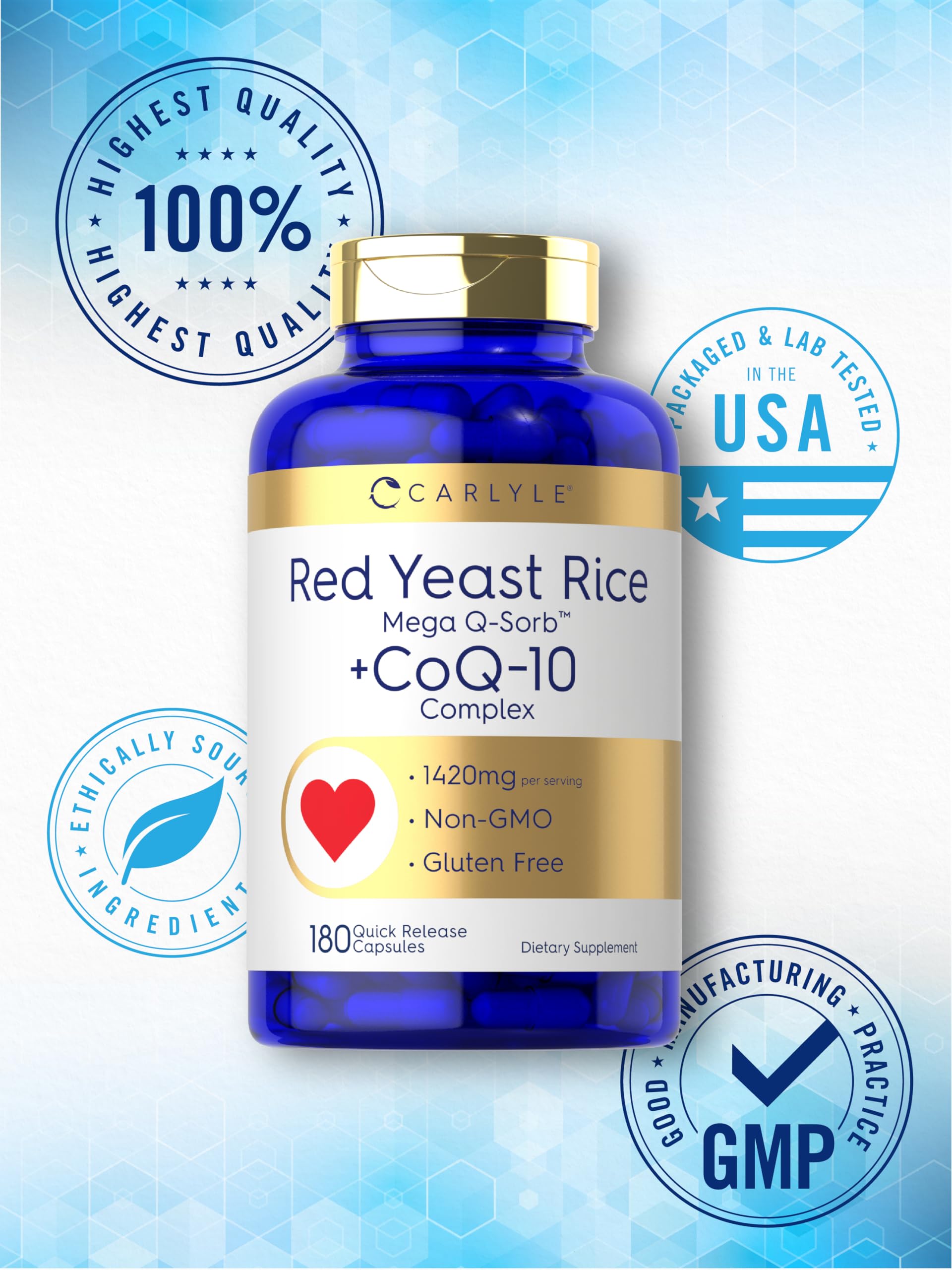 Carlyle CoQ10 1420mg supplement capsules on a table