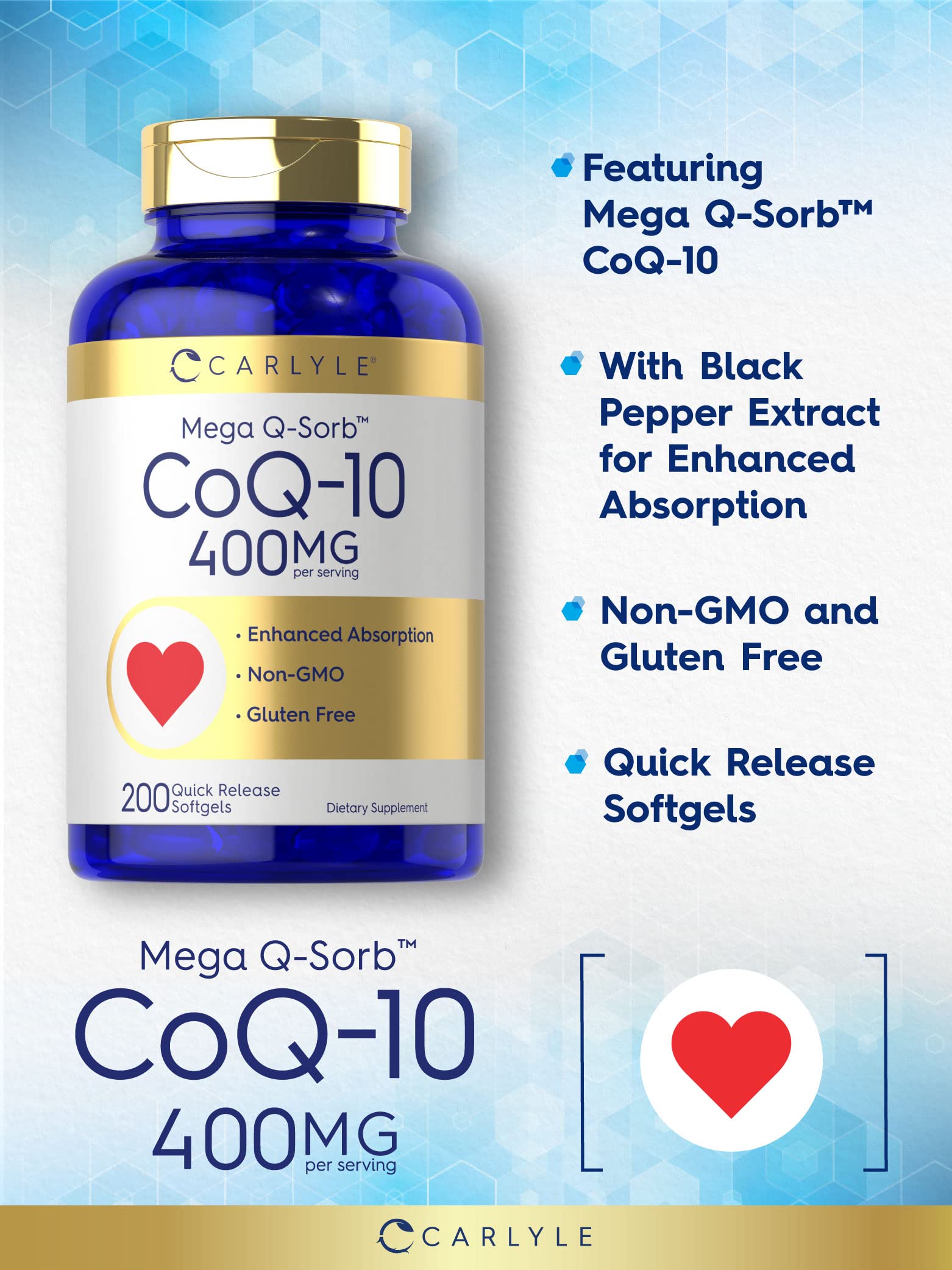 Carlyle CoQ10 400mg Mega Q-Sorb Softgels with bottle