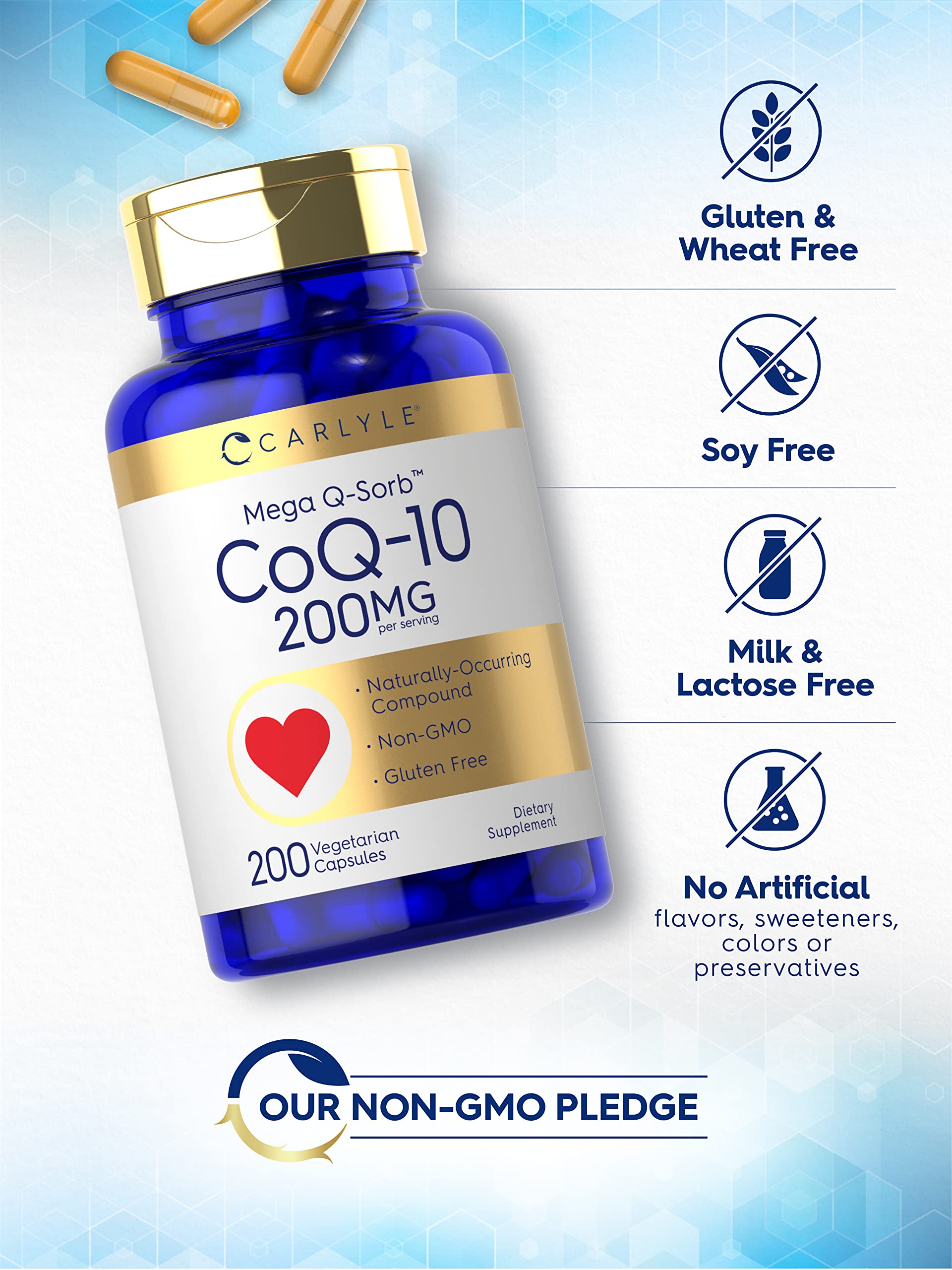 Carlyle CoQ10 Mega Q-Sorb 200mg capsules on a wooden table