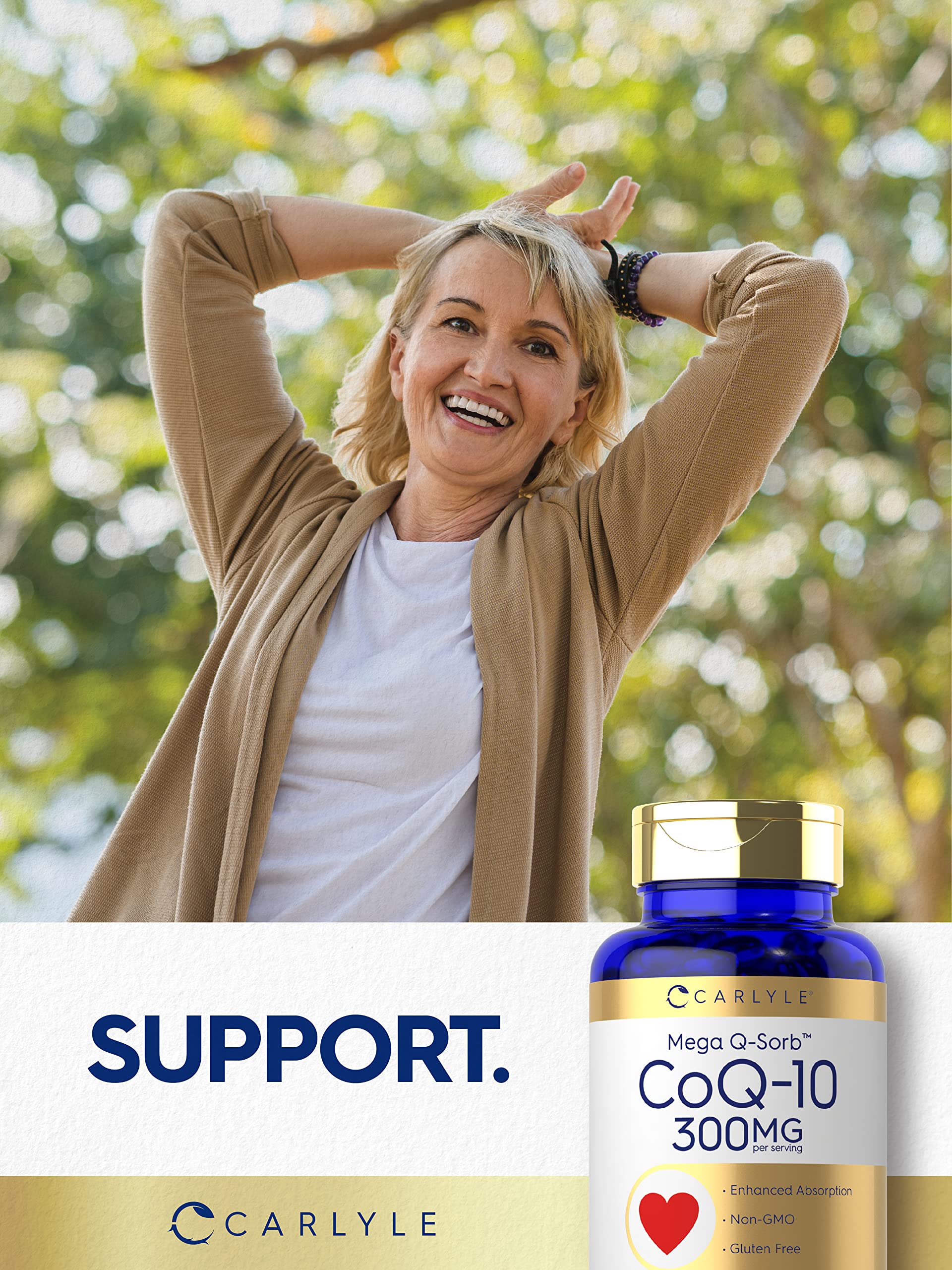 Carlyle CoQ10 Mega Q-Sorb 300mg softgels on a wooden table