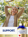 Carlyle CoQ10 Mega Q-Sorb 300mg softgels on a wooden table
