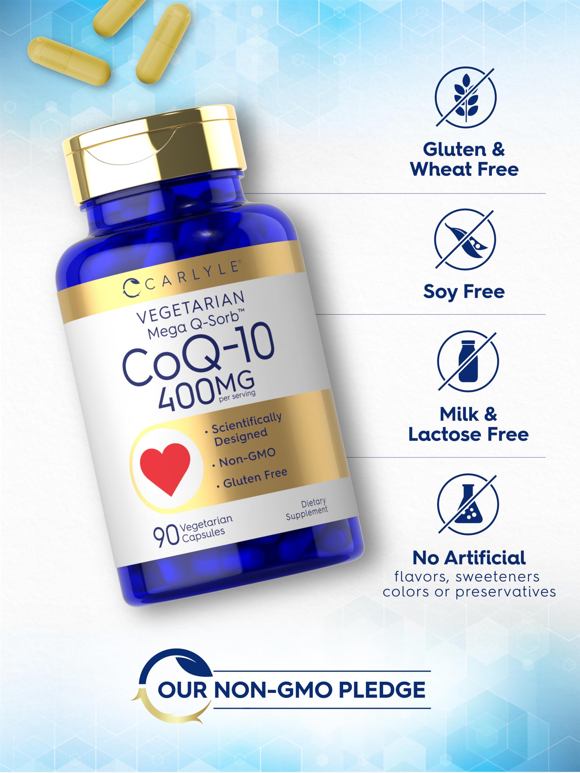 Carlyle CoQ10 Mega Q-Sorb 400mg vegetarian capsules on a table