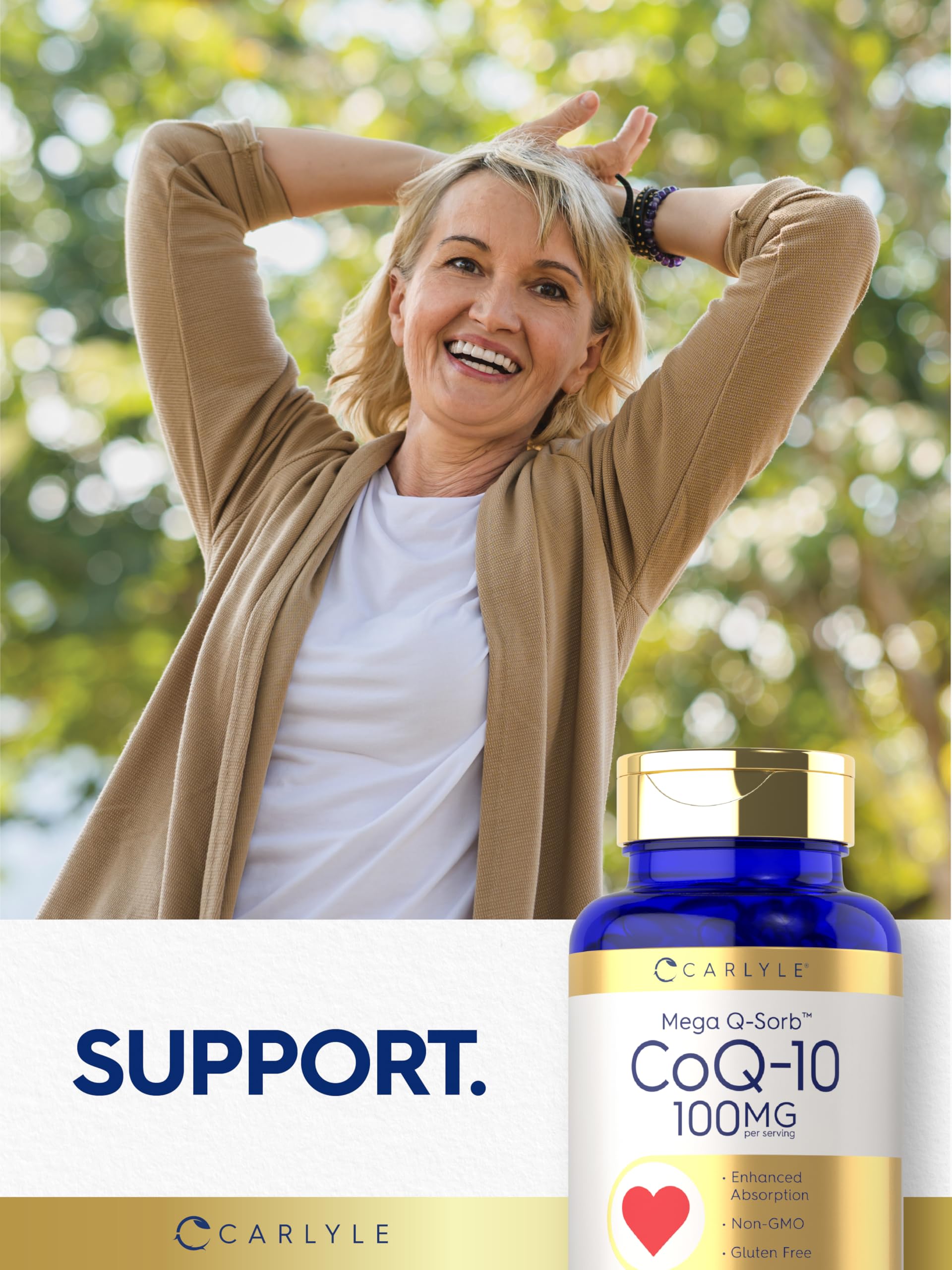 Carlyle CoQ10 Mega Q-Sorb softgels in a hand