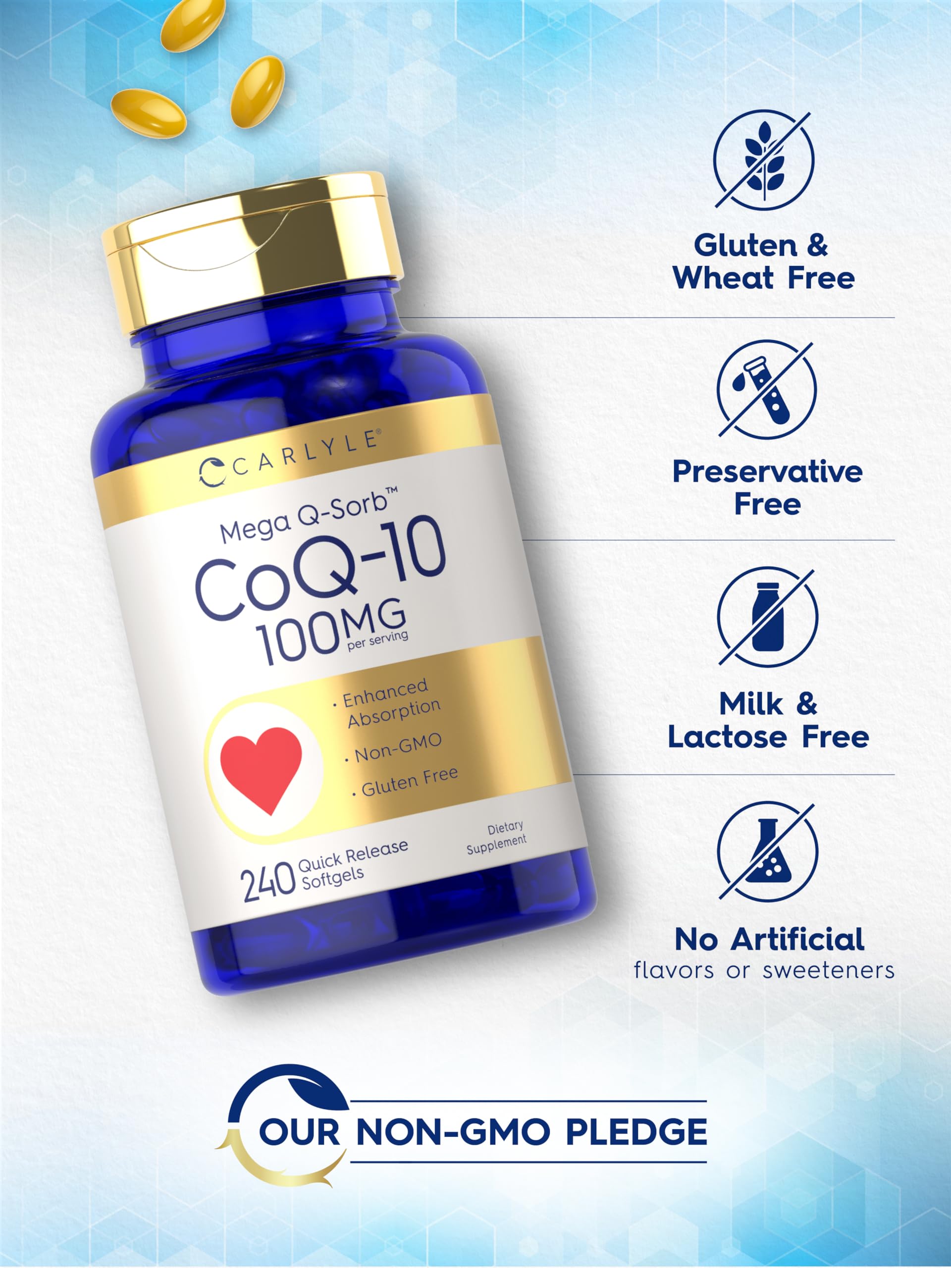 Carlyle CoQ10 Mega Q-Sorb softgels on a wooden surface