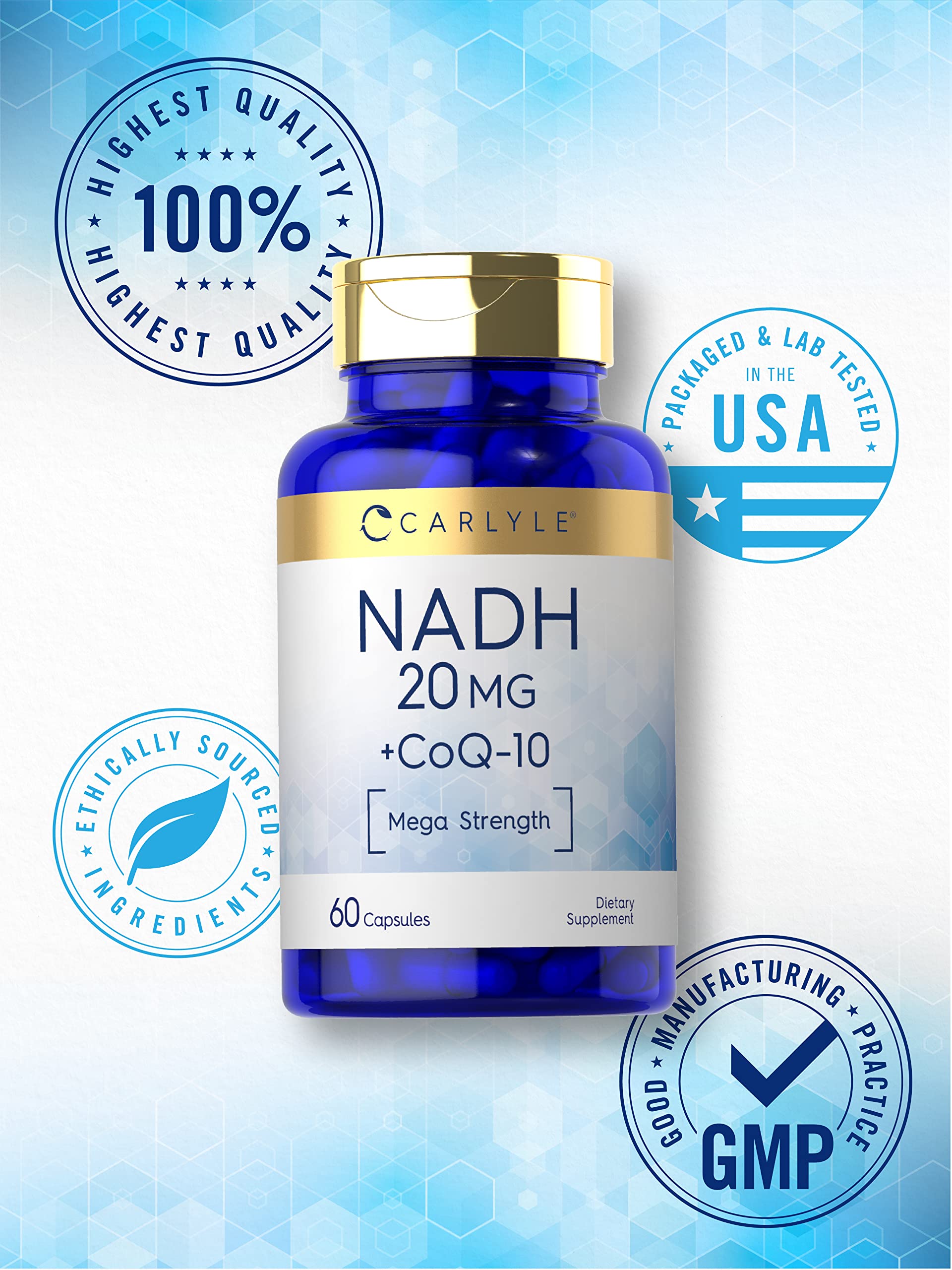 Carlyle CoQ10 with NADH 20mg capsules on a wooden table