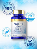 Carlyle CoQ10 with NADH 20mg capsules on a wooden table