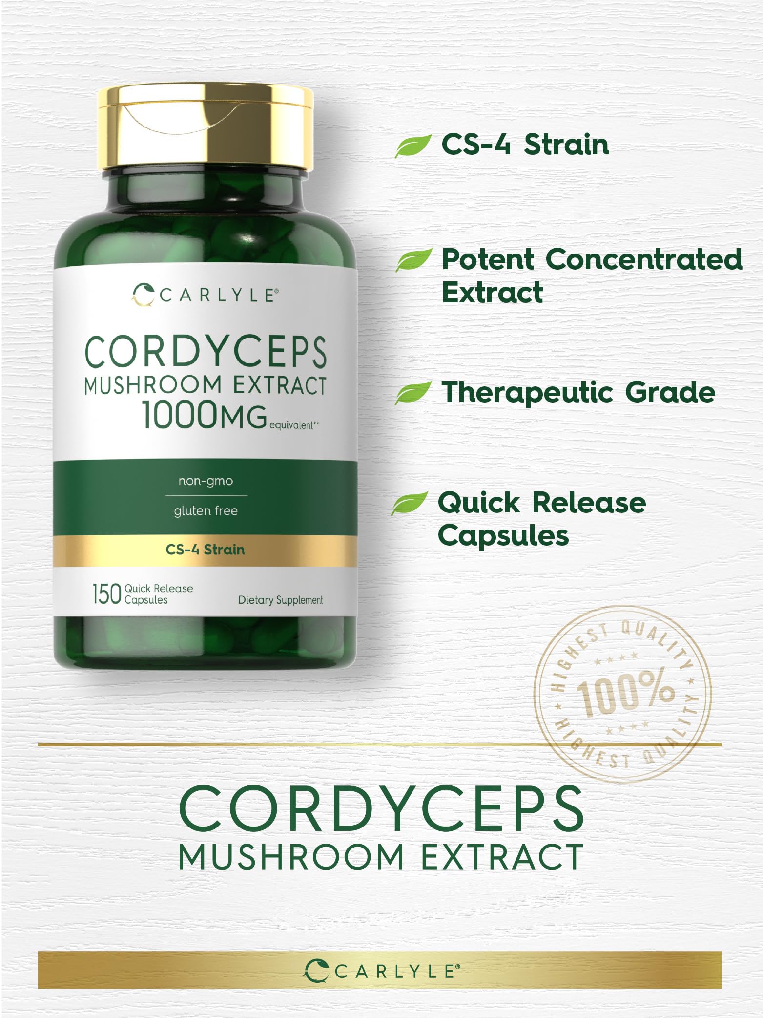 Carlyle Cordyceps CS-4 Mushroom Extract capsules on a wooden surface