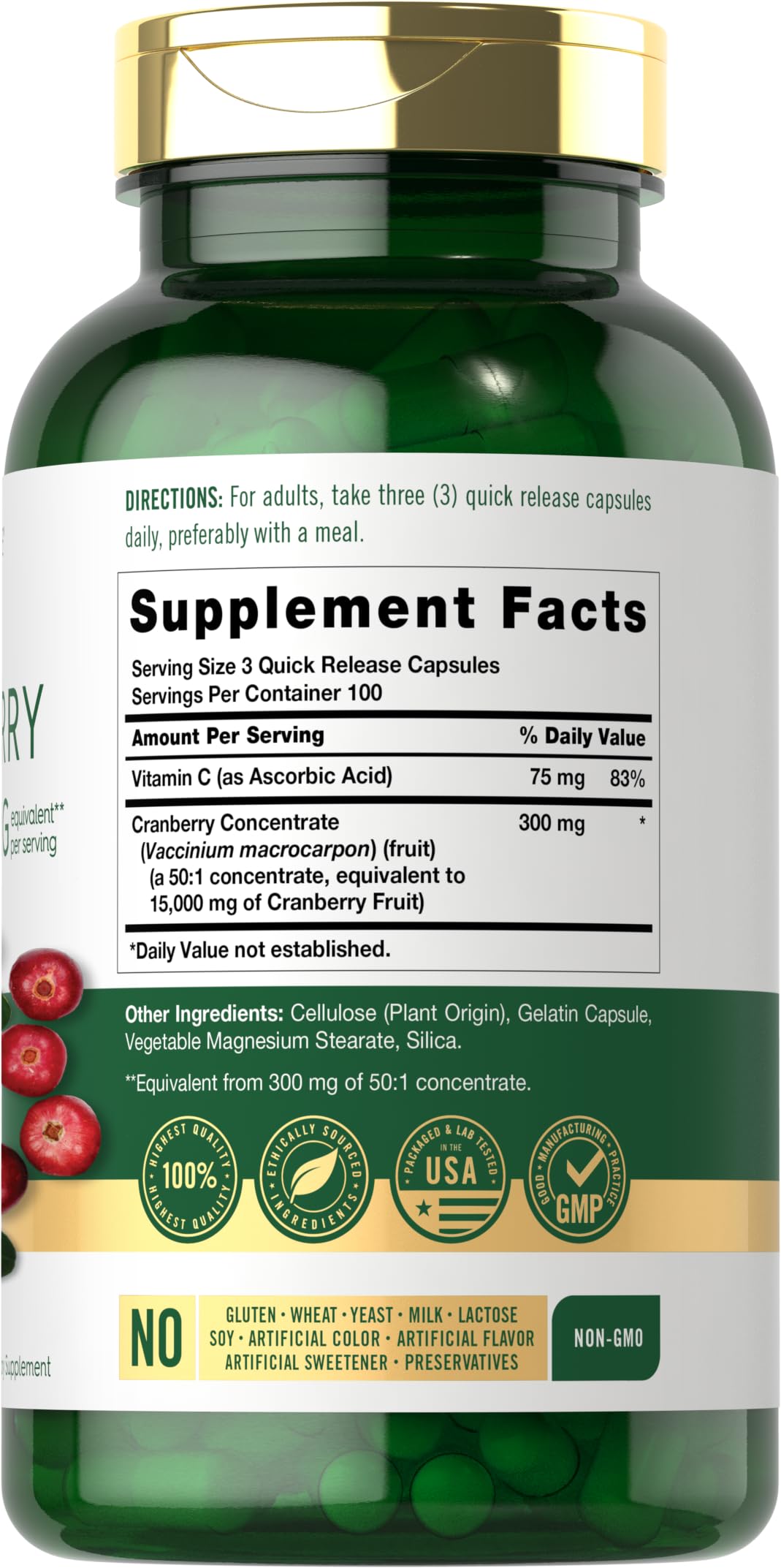 Carlyle Cranberry Fruit Extract 500mg capsules side view