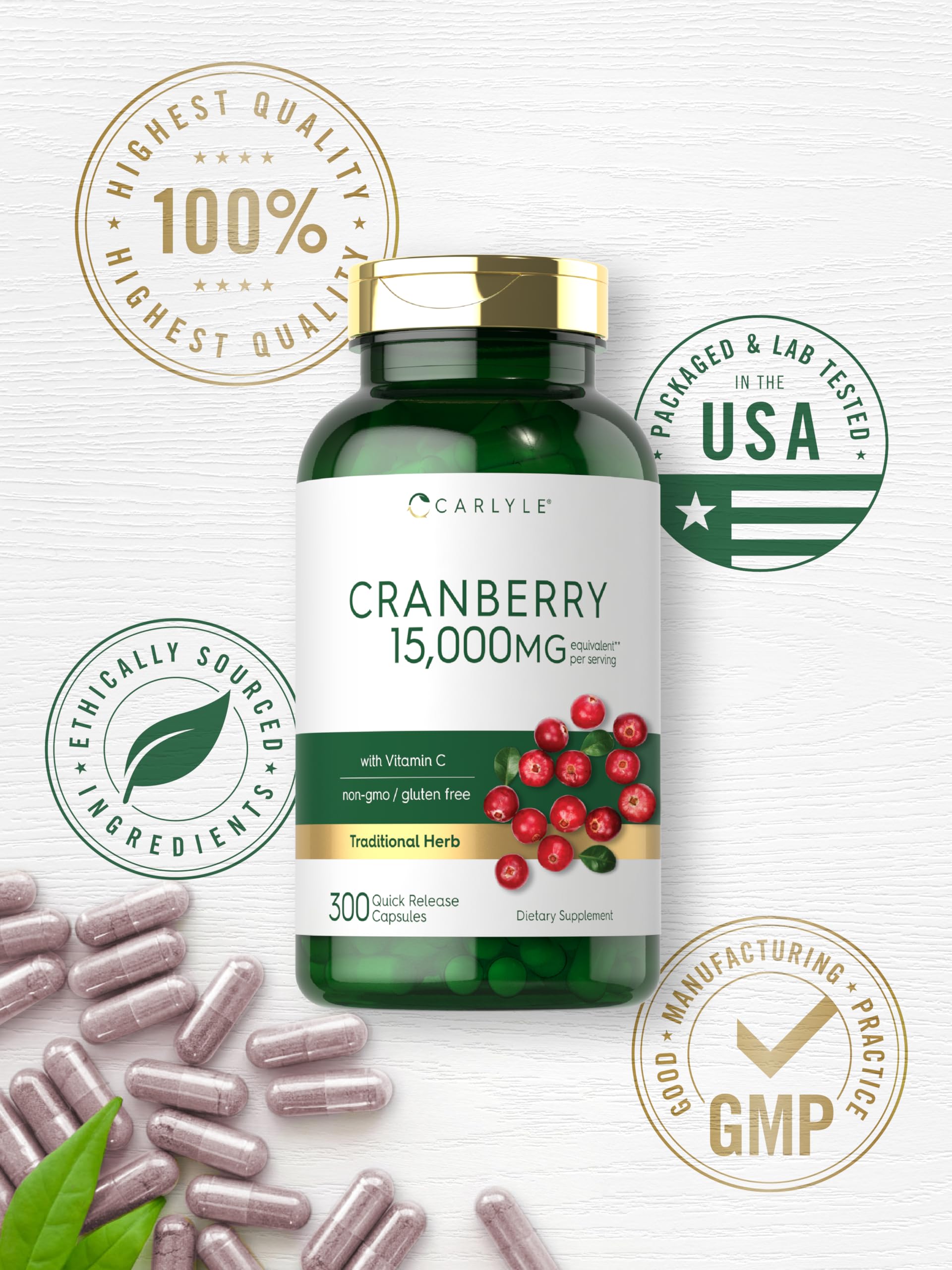 Carlyle Cranberry Fruit Extract 500mg capsules with fresh cranberries