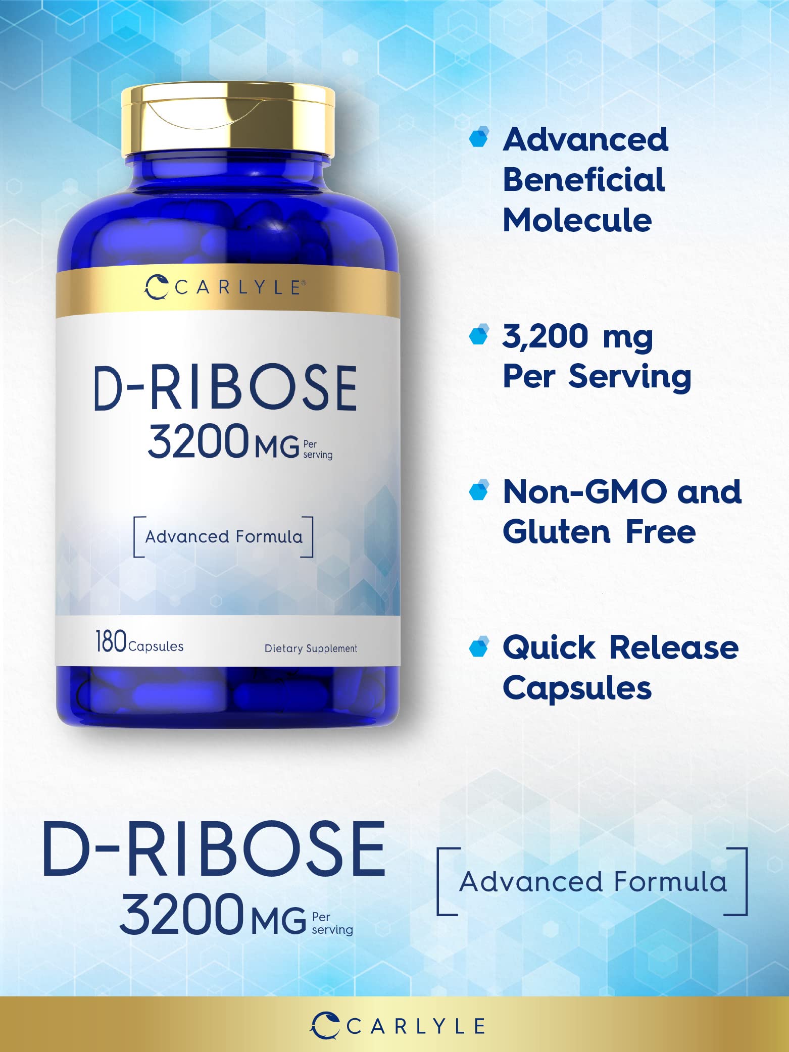 Carlyle D-Ribose 3200mg capsules bottle with label