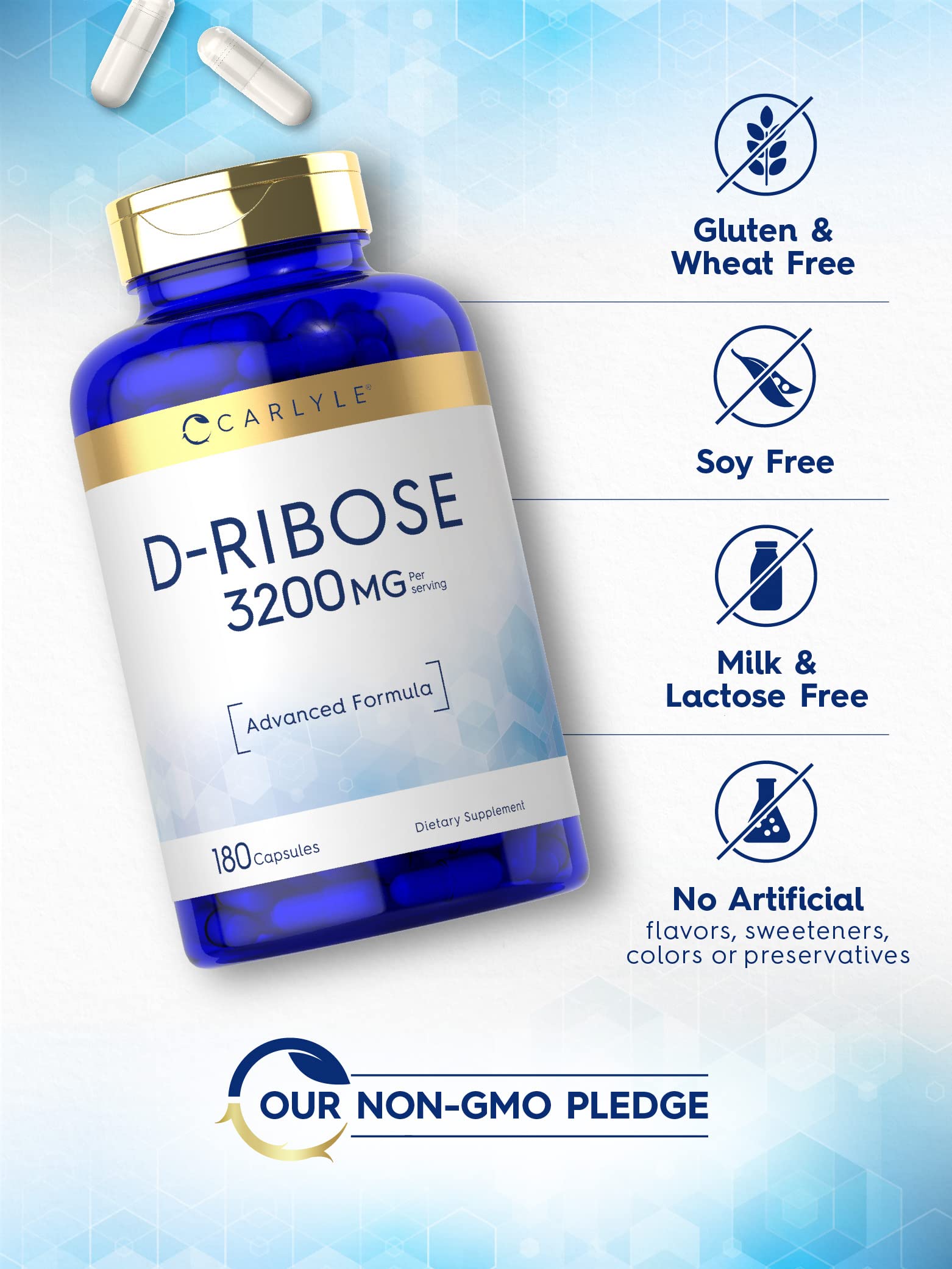 Carlyle D-Ribose 3200mg capsules on a wooden table