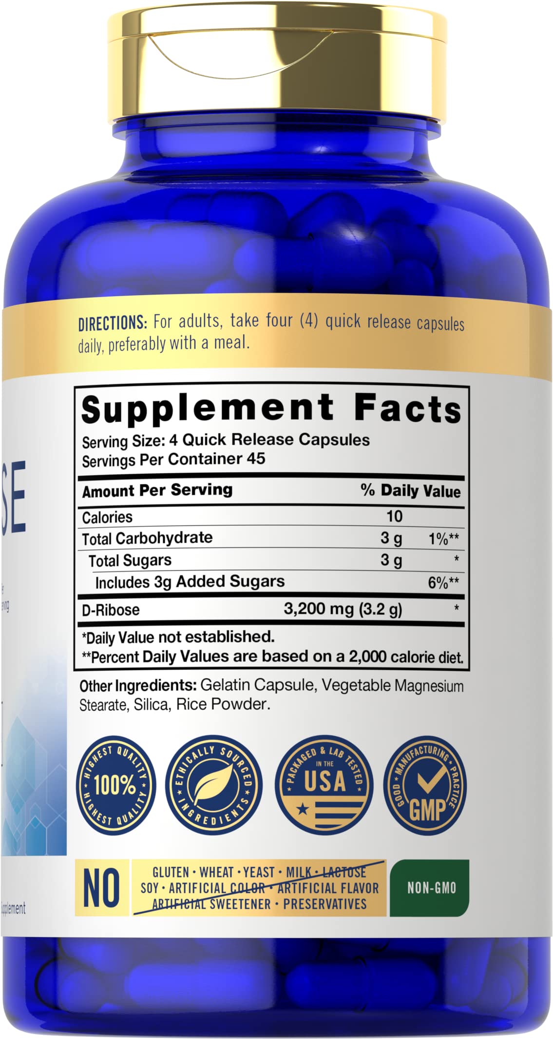 Carlyle D-Ribose 3200mg capsules side view