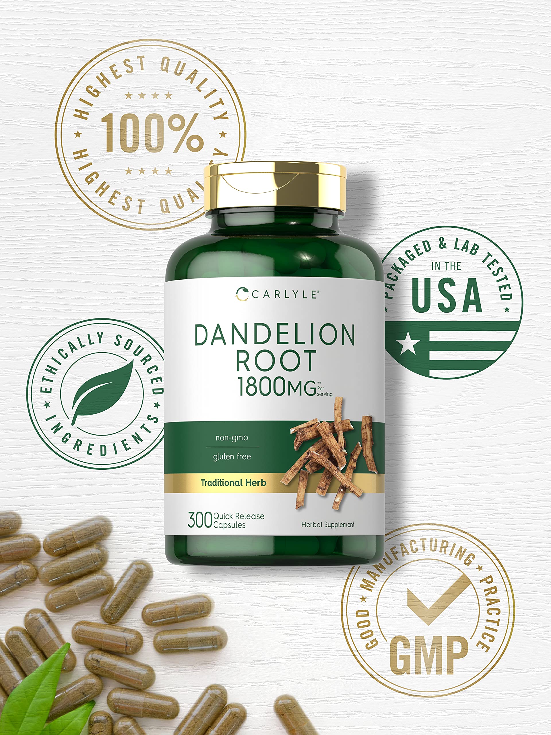 Carlyle Dandelion Root Capsules 1000mg capsules close-up