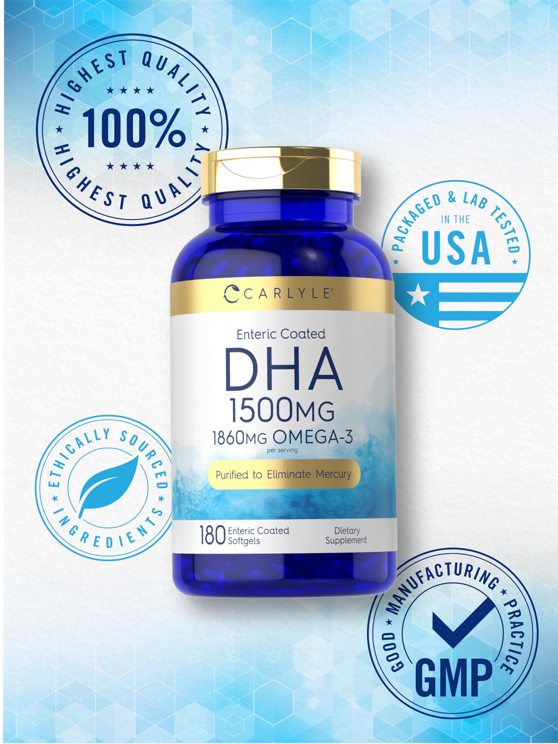 Carlyle DHA Omega-3 Fish Oil Softgels on a wooden table