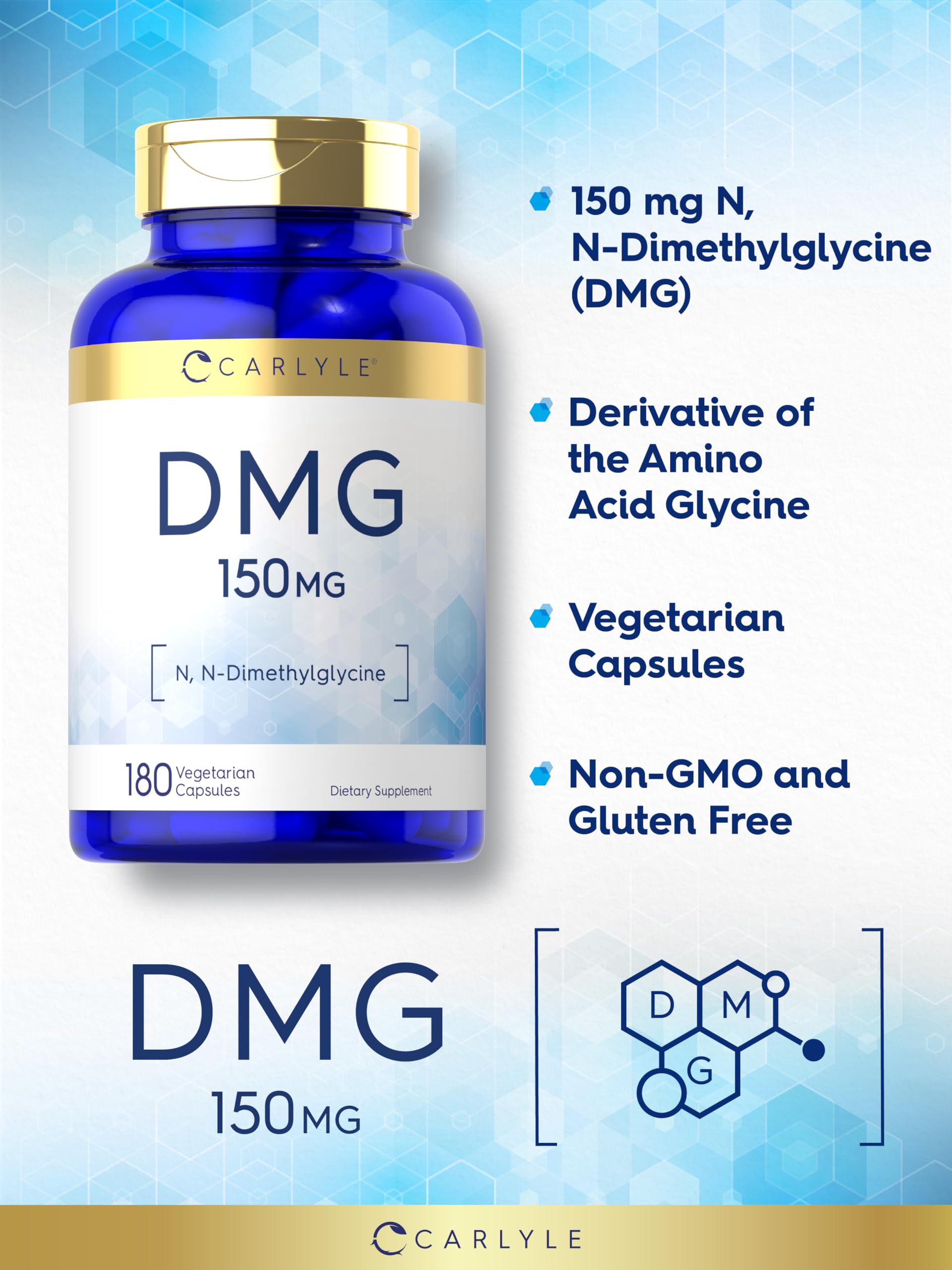 Carlyle Dimethylglycine 150mg capsules on a wooden surface