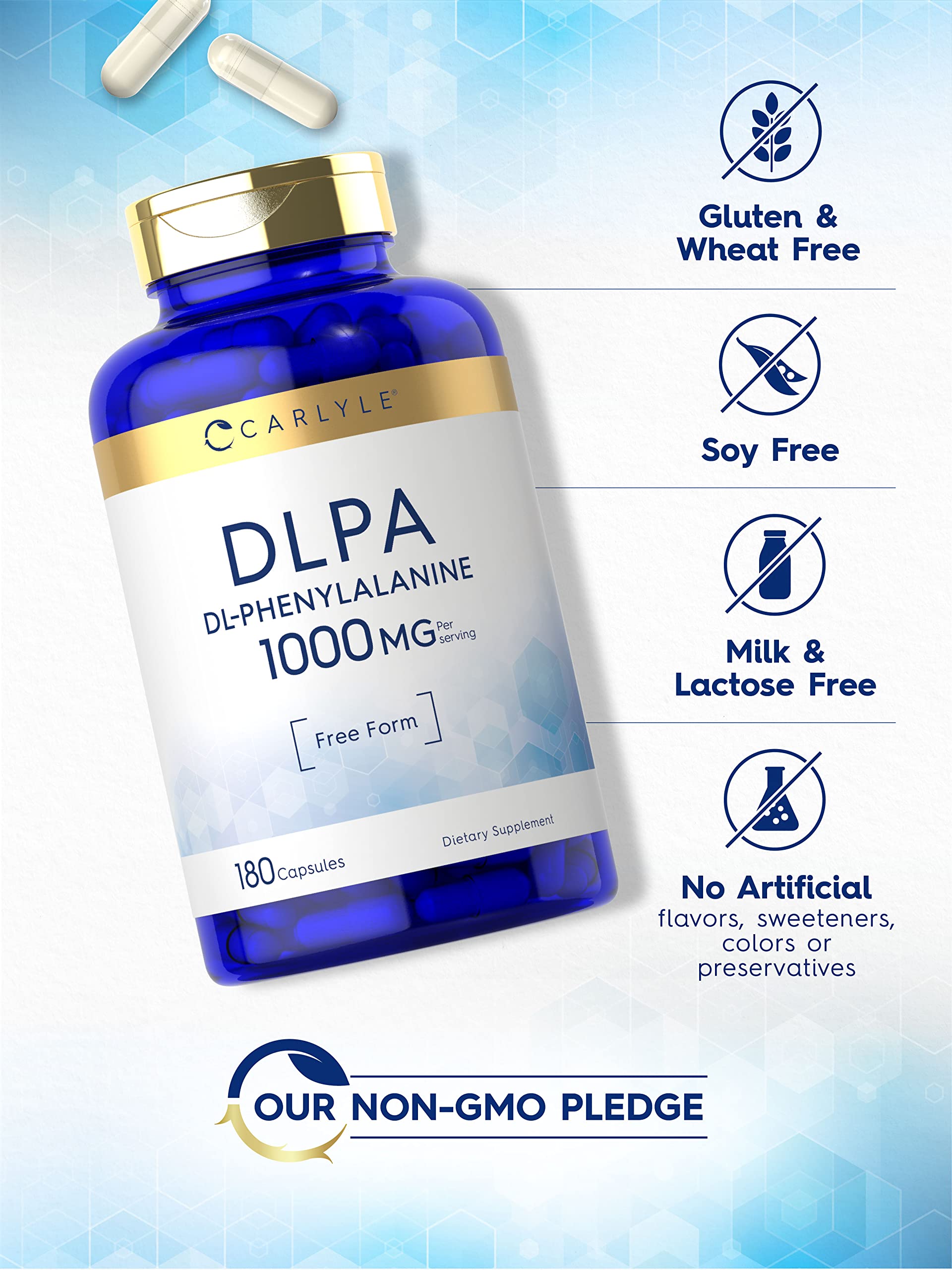 Carlyle DL-Phenylalanine 1000mg capsules on a wooden table