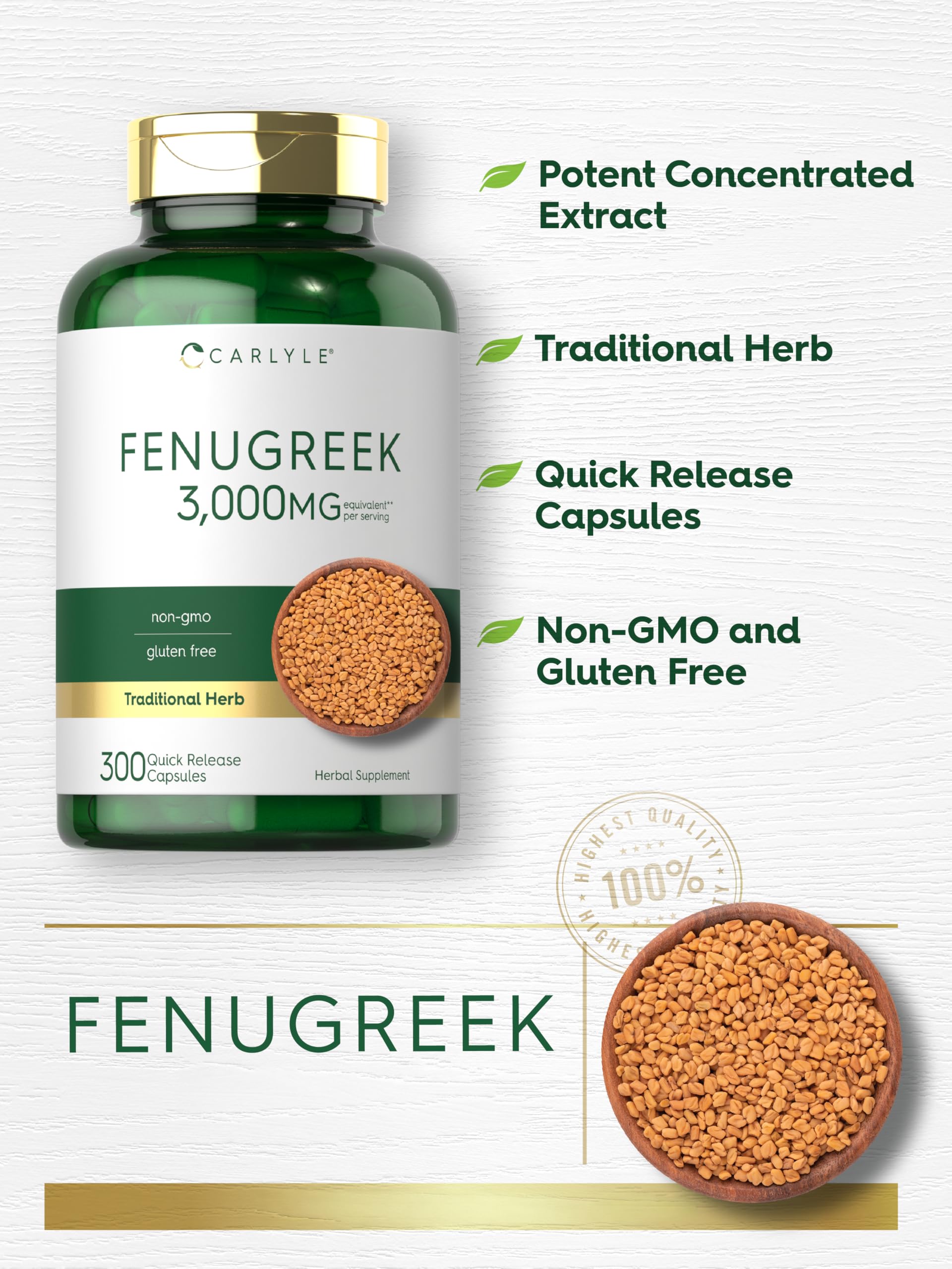 Carlyle Fenugreek Extract Capsules 1000mg with capsules on table