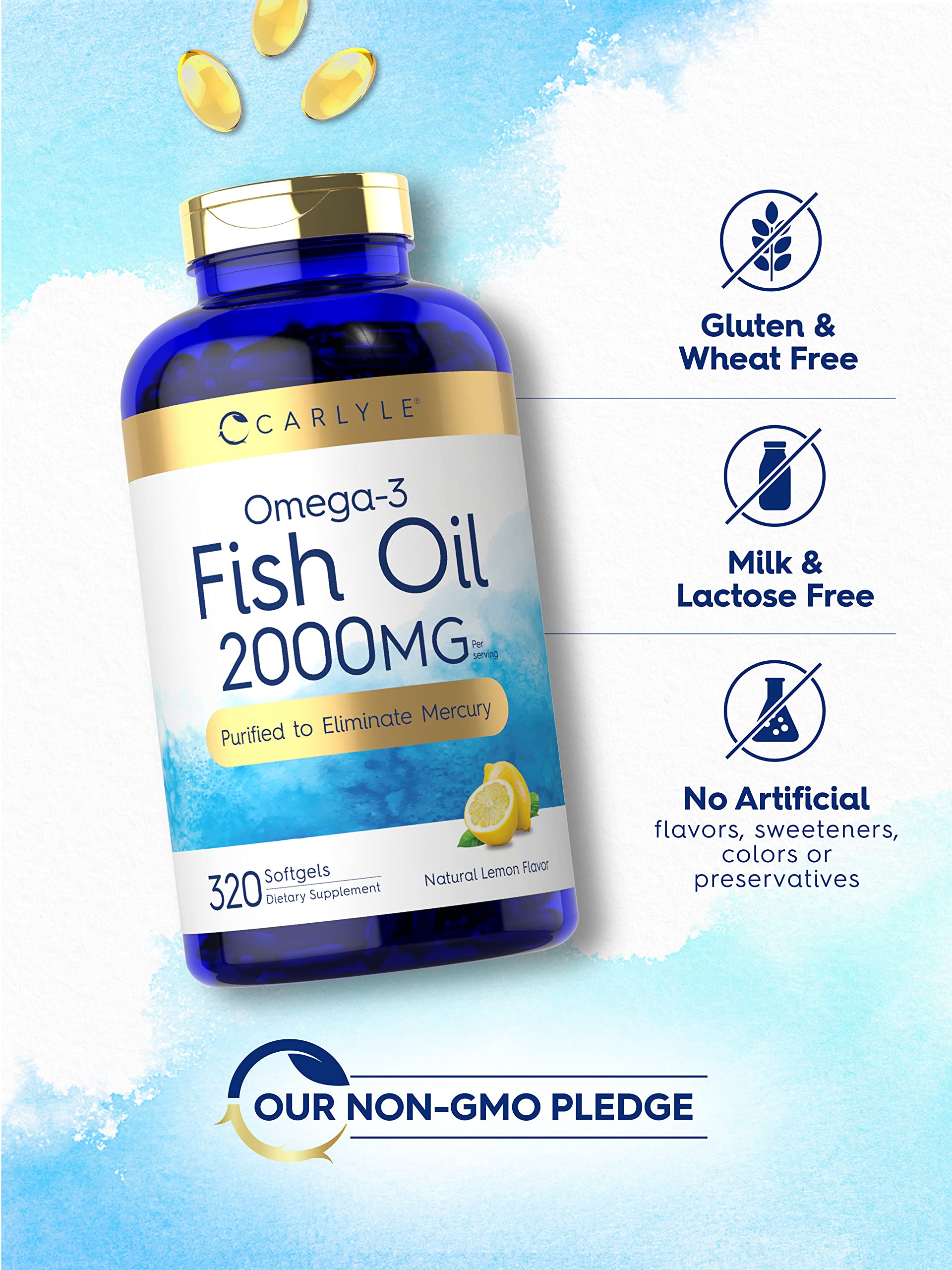 Carlyle Fish Oil 2000mg softgels displayed with lemon slices