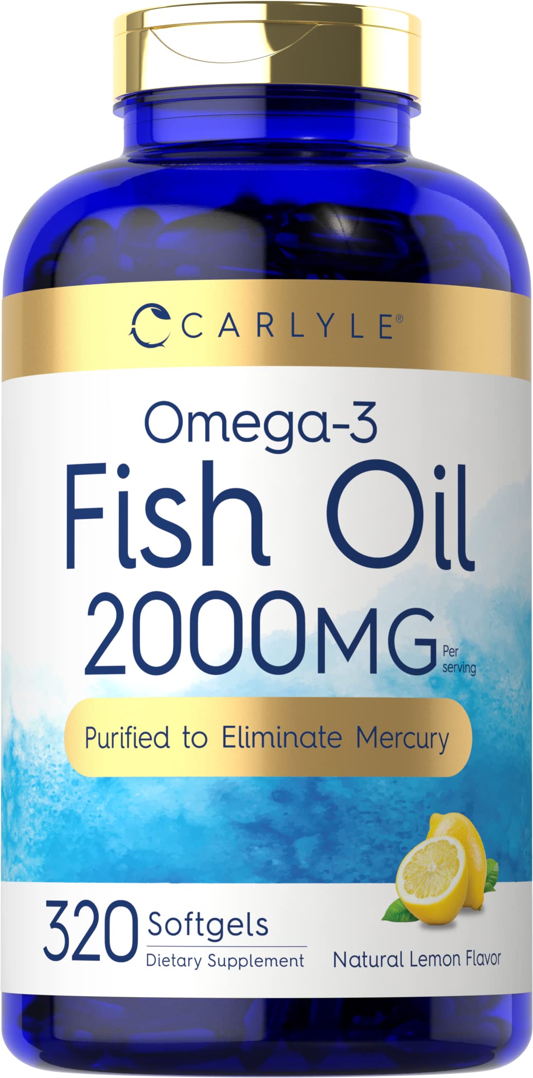 Carlyle Fish Oil 2000mg softgels front view with lemon flavour