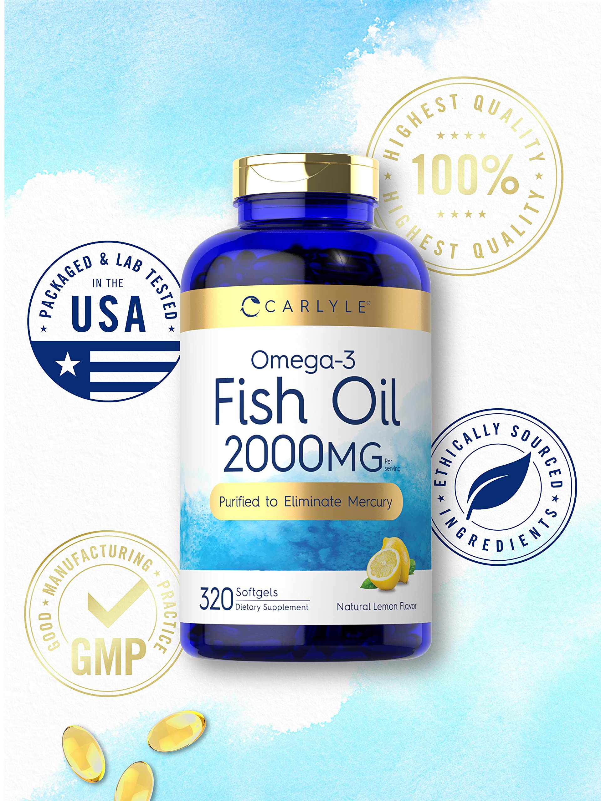 Carlyle Fish Oil 2000mg softgels in a hand