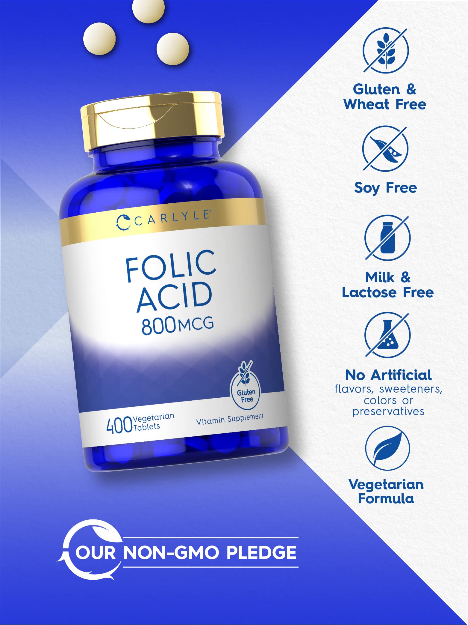 Carlyle Folic Acid 800 mcg Vegetarian Tablets close-up of tablets