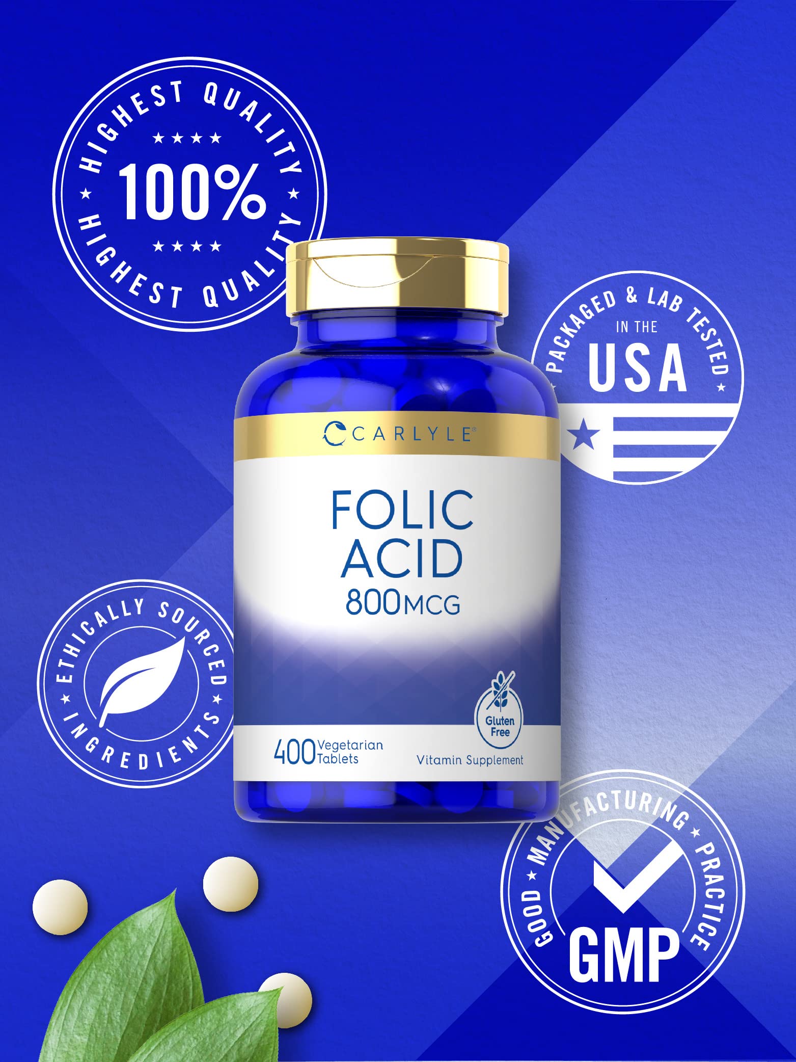 Carlyle Folic Acid 800 mcg Vegetarian Tablets with ingredients list