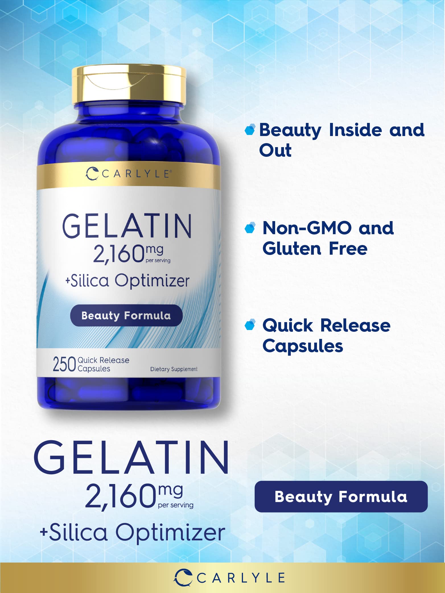 Carlyle Gelatin & Silica Capsules back view with ingredient list