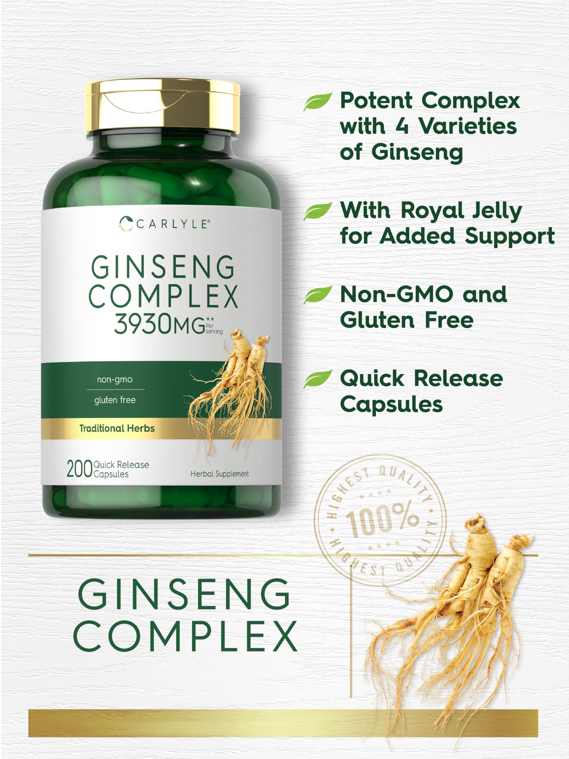 Carlyle Ginseng Complex capsules on a wooden surface