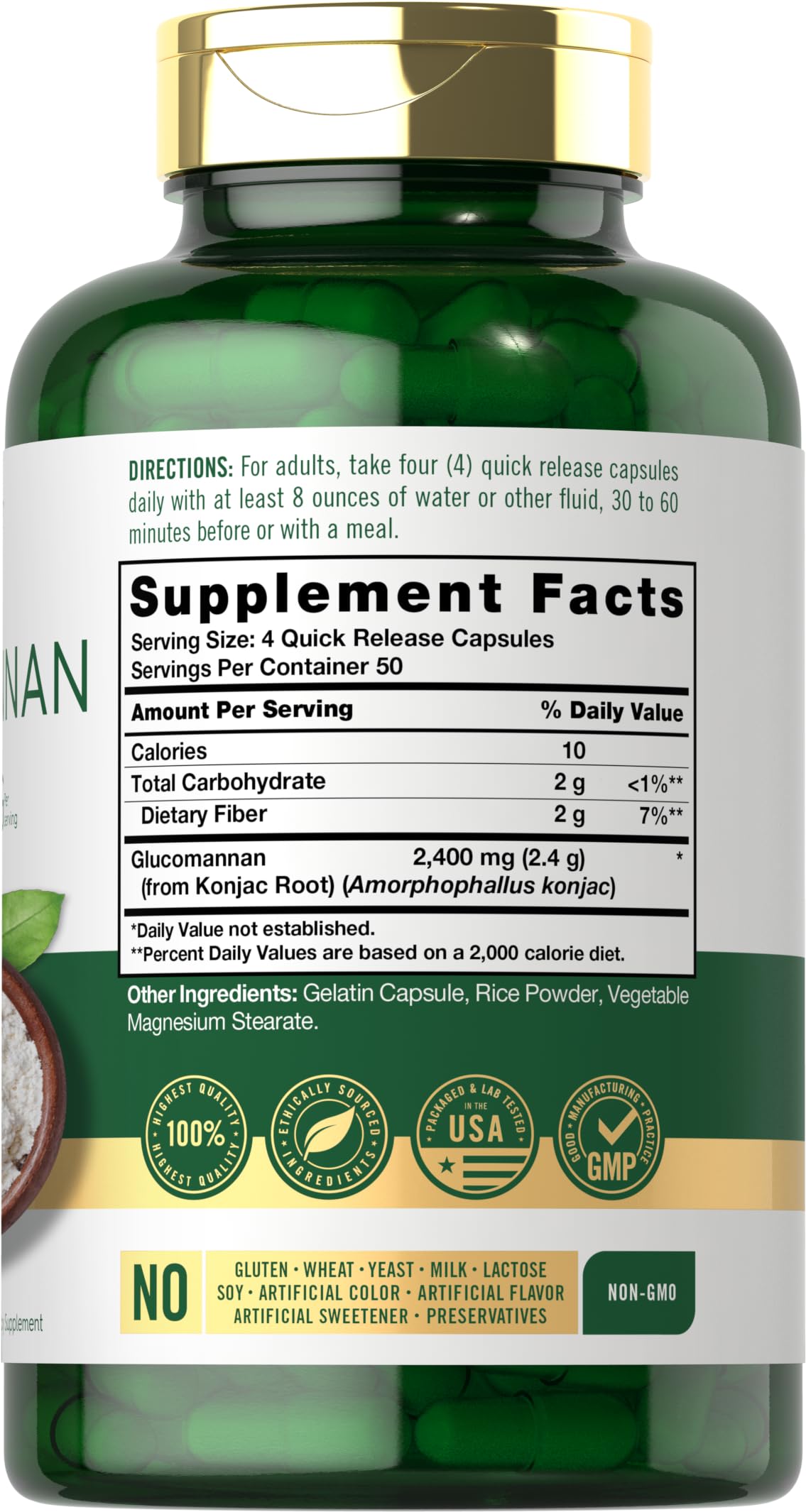 Carlyle Glucomannan 2400mg 200 capsules side view