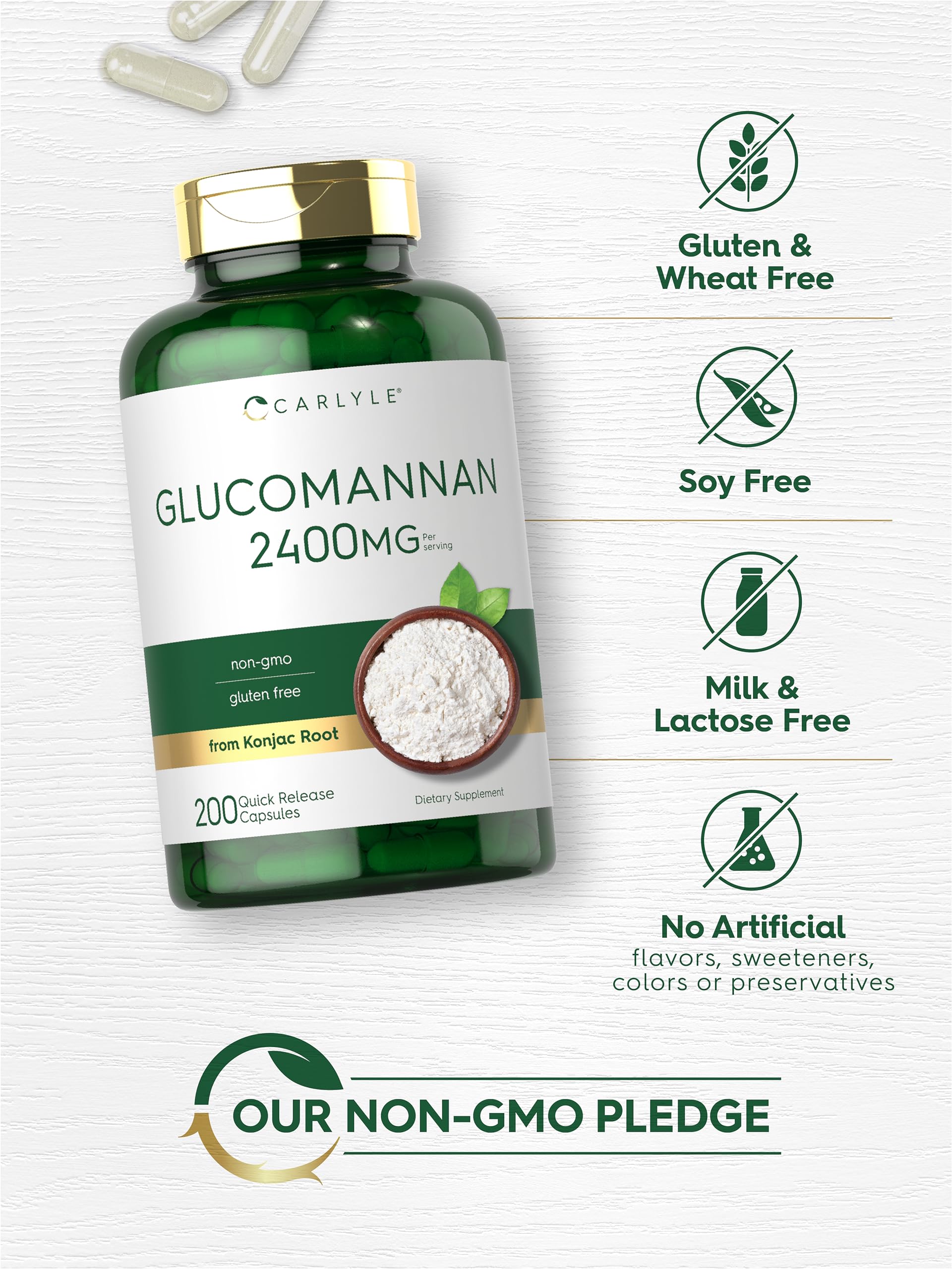 Carlyle Glucomannan 2400mg capsules on a wooden table
