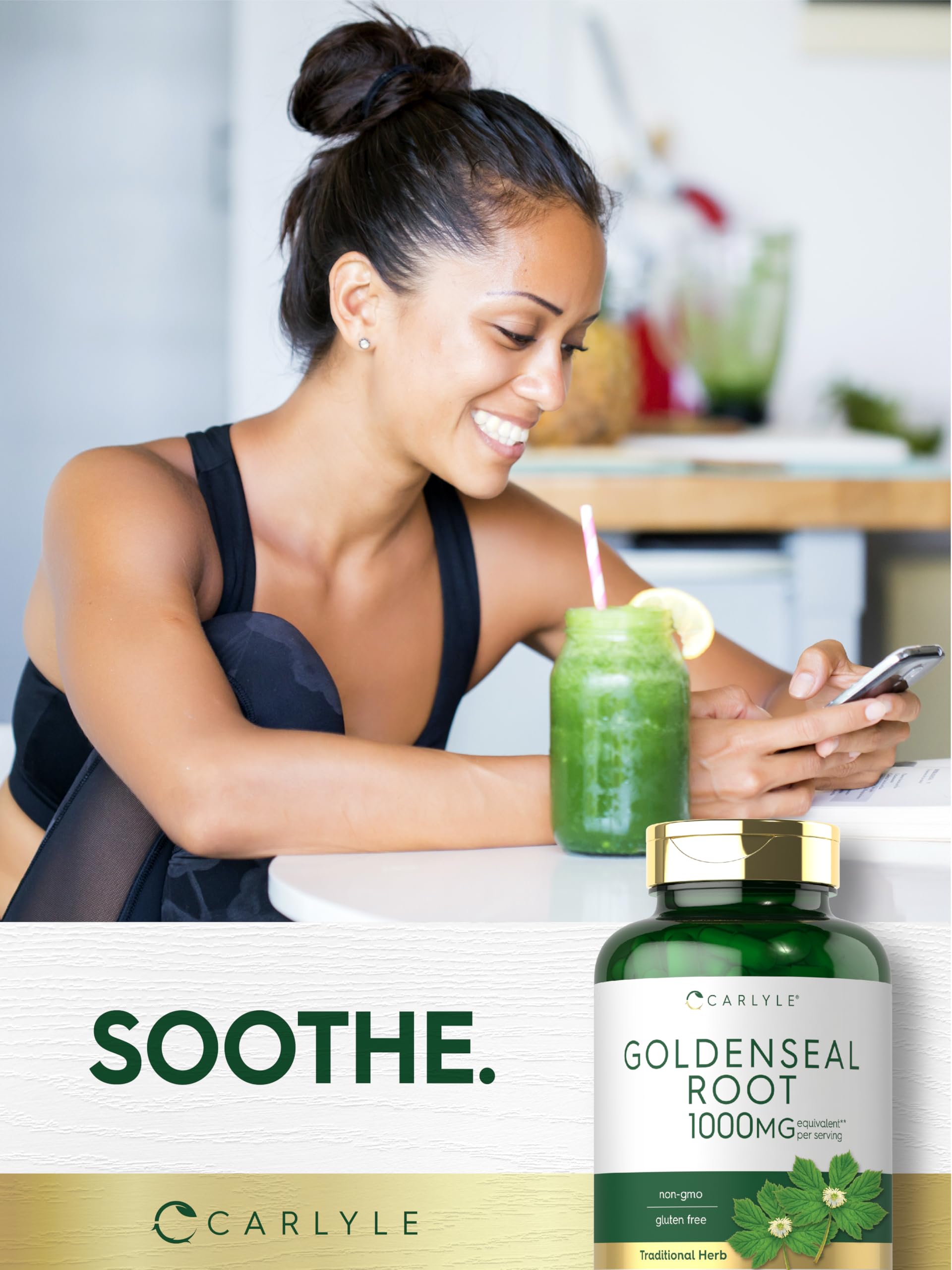 Carlyle Goldenseal Root Extract capsules on a wooden surface