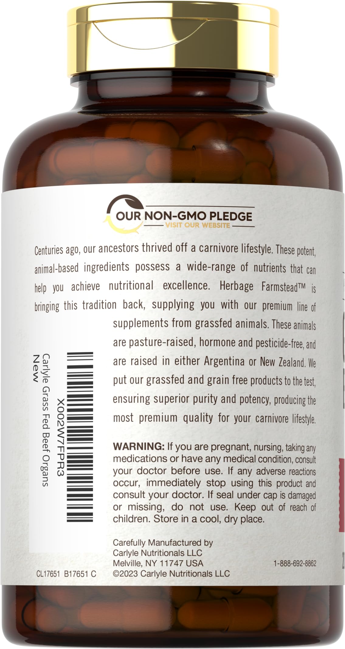 Carlyle Grassfed Beef Organs Supplement 650mg capsules in bottle