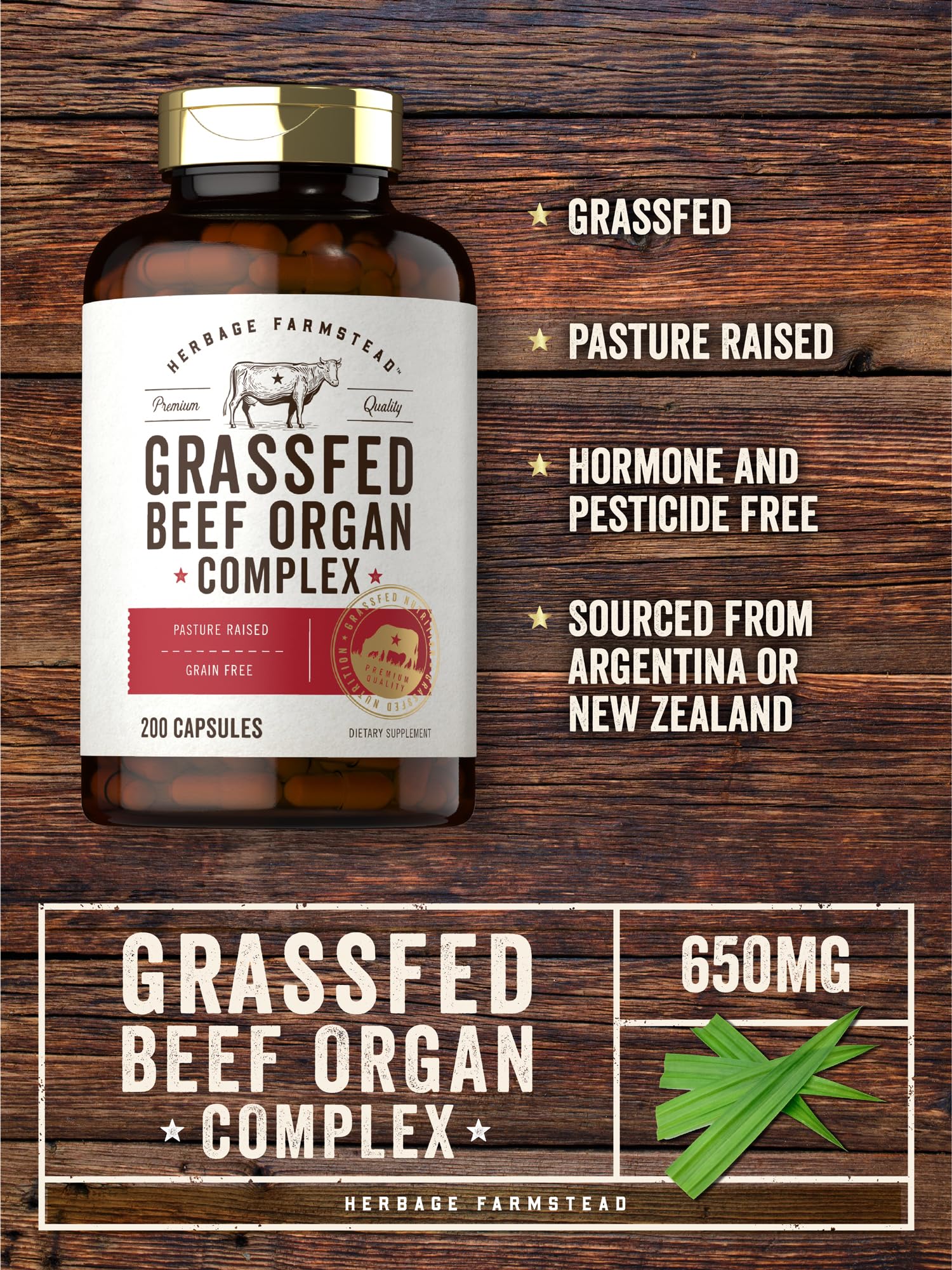 Carlyle Grassfed Beef Organs Supplement 650mg nutritional information