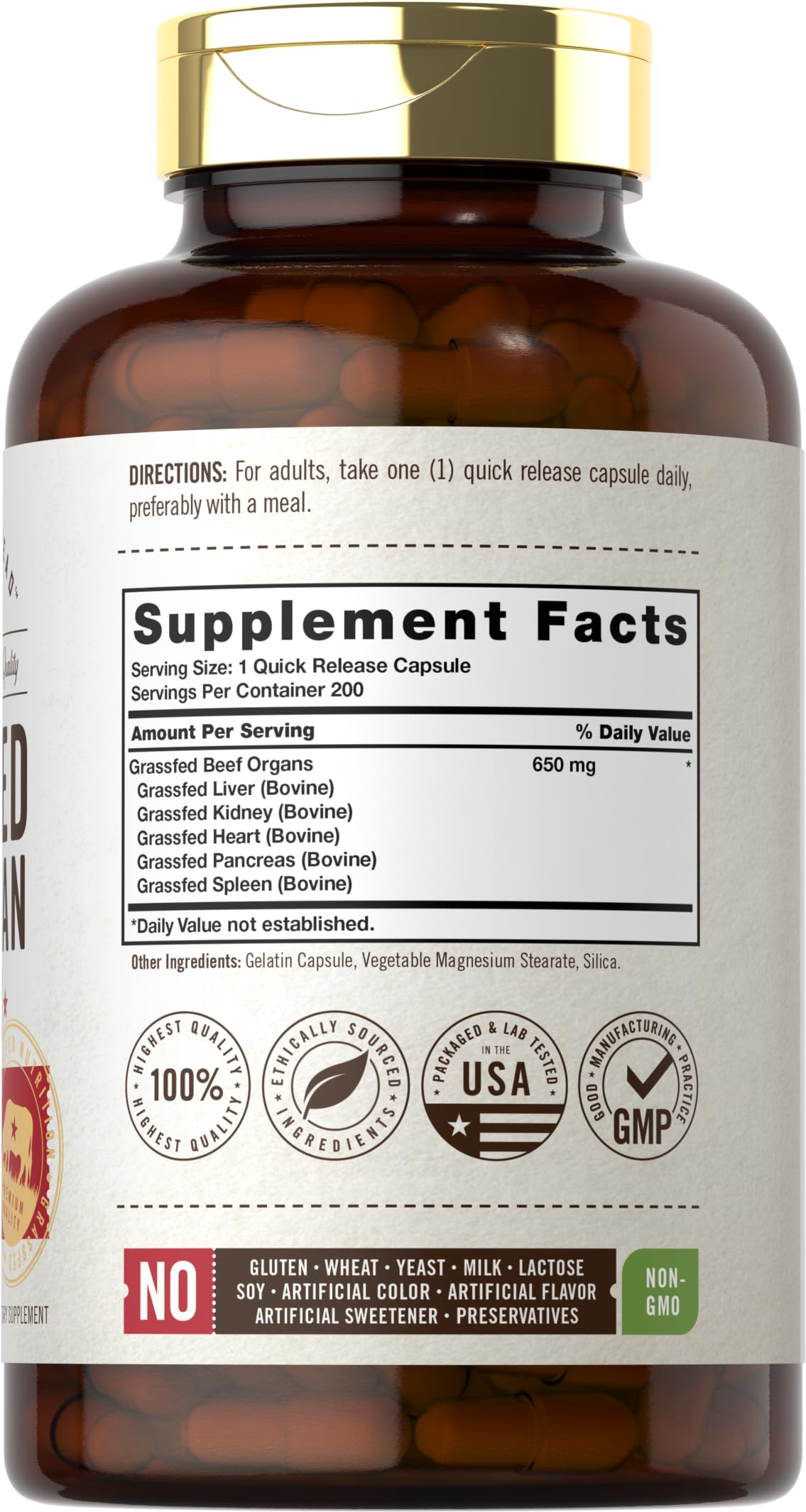 Carlyle Grassfed Beef Organs Supplement 650mg side view