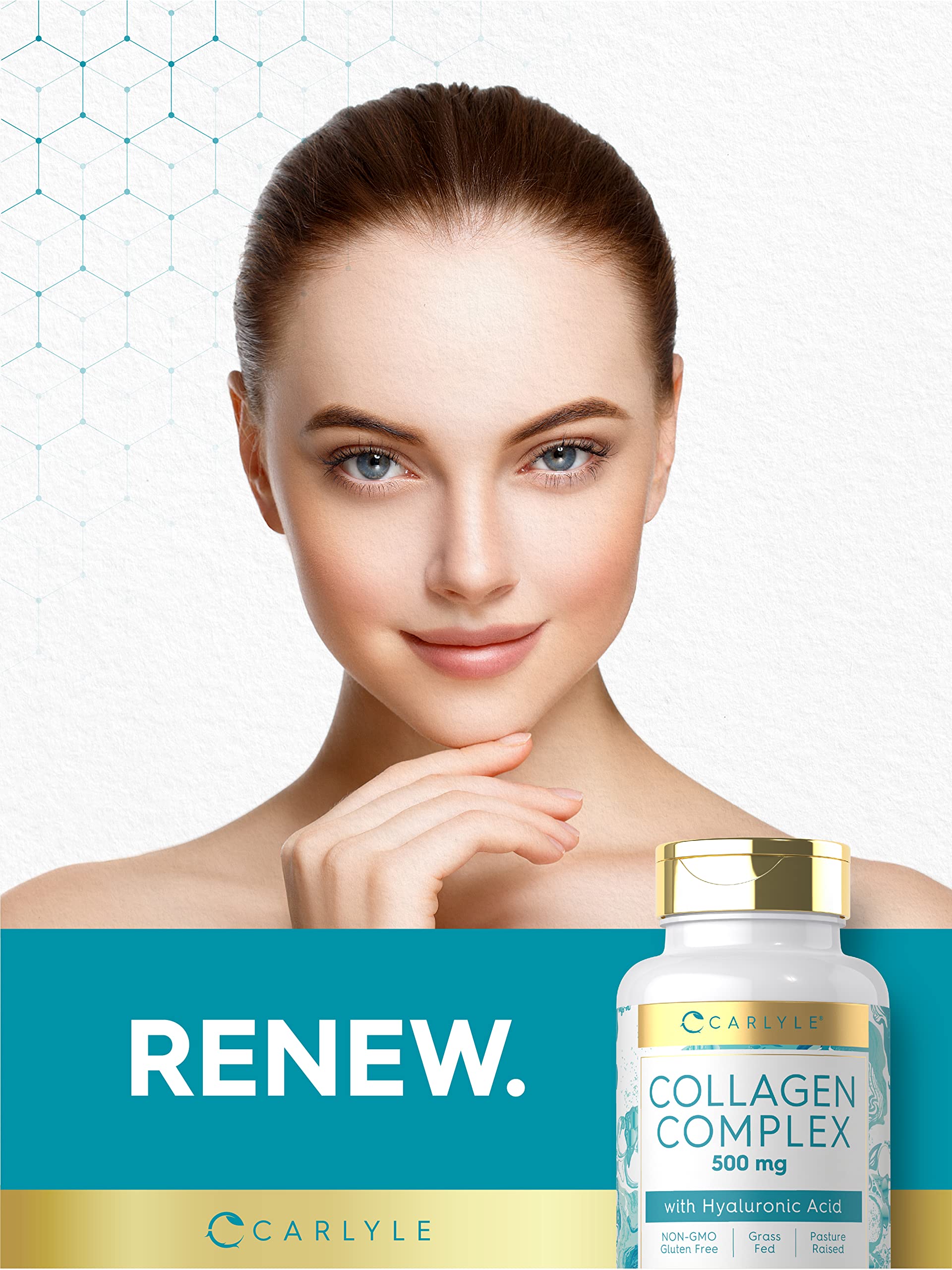 Carlyle Grassfed Collagen Complex bottle with a measuring spoon