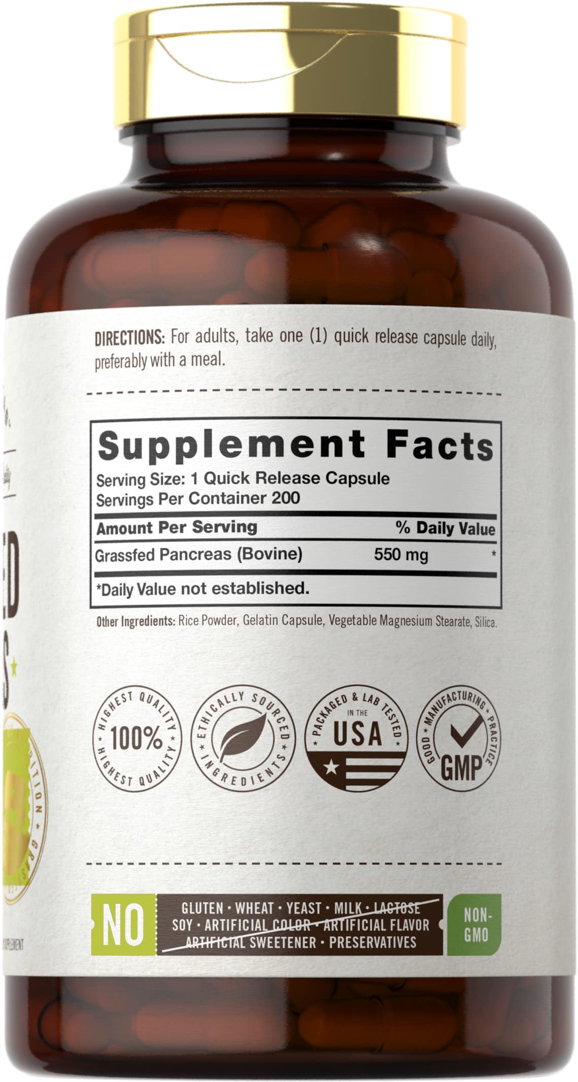 Carlyle Grassfed Pancreas Capsules 550mg side view