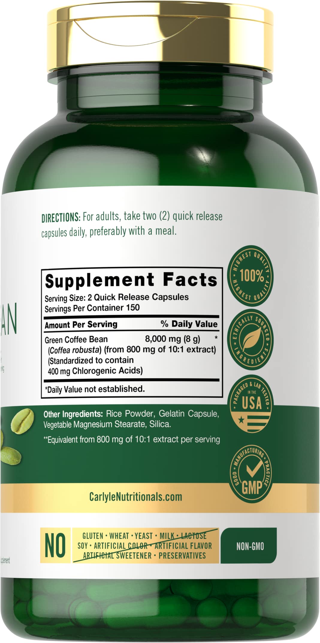 Carlyle Green Coffee Bean Extract 500mg capsules bottle side view
