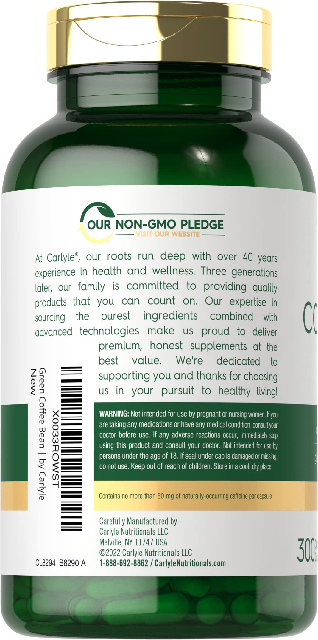 Carlyle Green Coffee Bean Extract 500mg capsules close-up of capsules