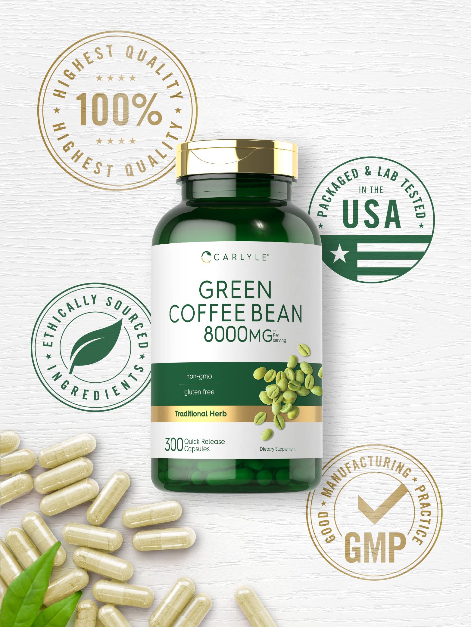 Carlyle Green Coffee Bean Extract 500mg capsules on wooden table