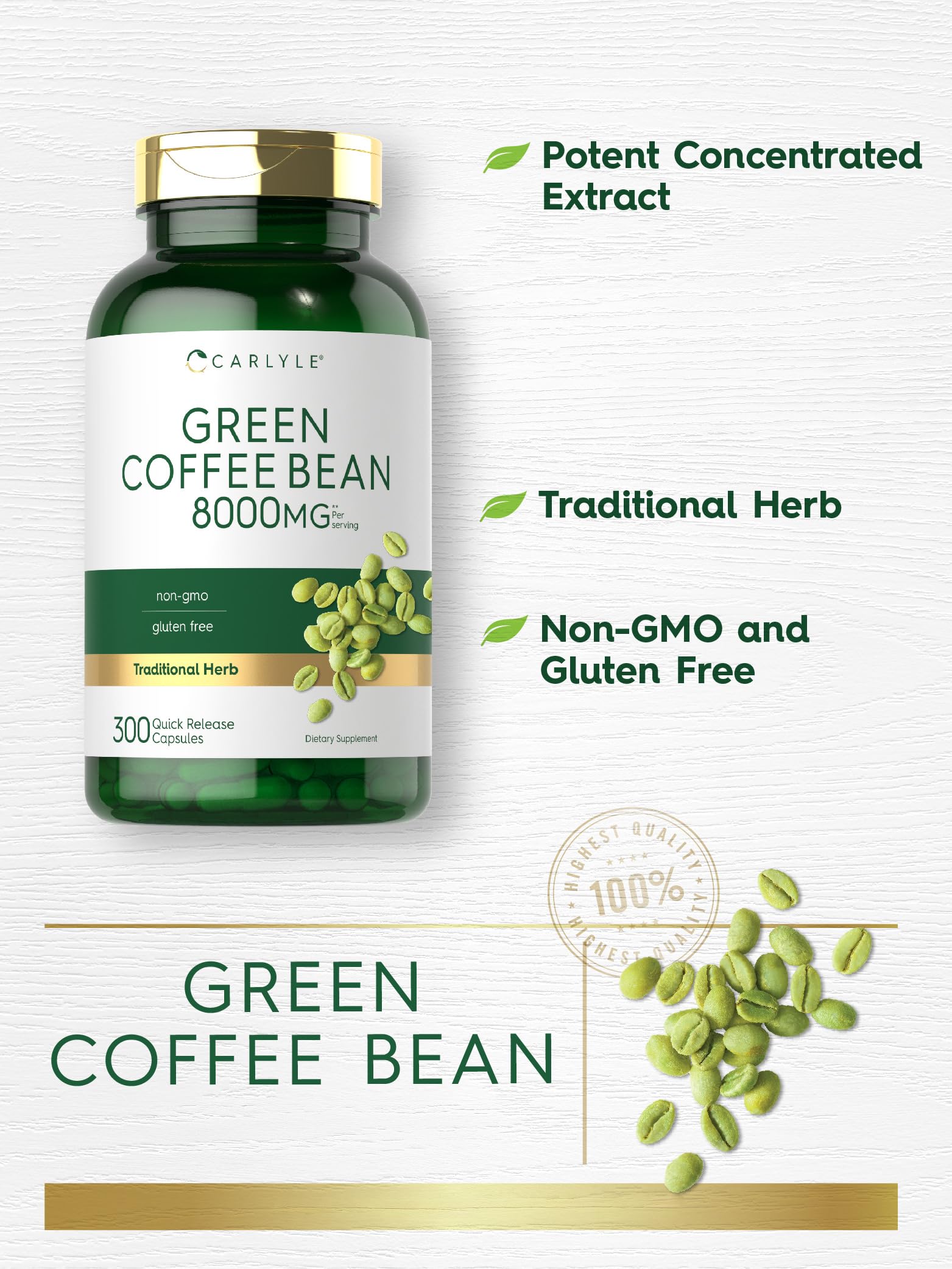 Carlyle Green Coffee Bean Extract 500mg capsules with measuring spoon