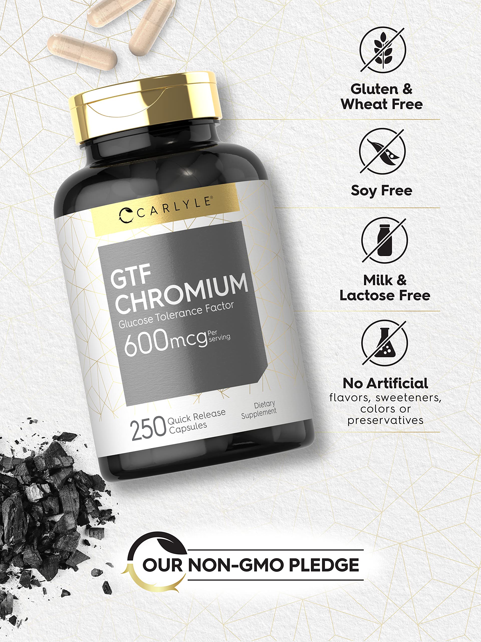 Carlyle GTF Chromium 600 mcg capsules on a wooden surface