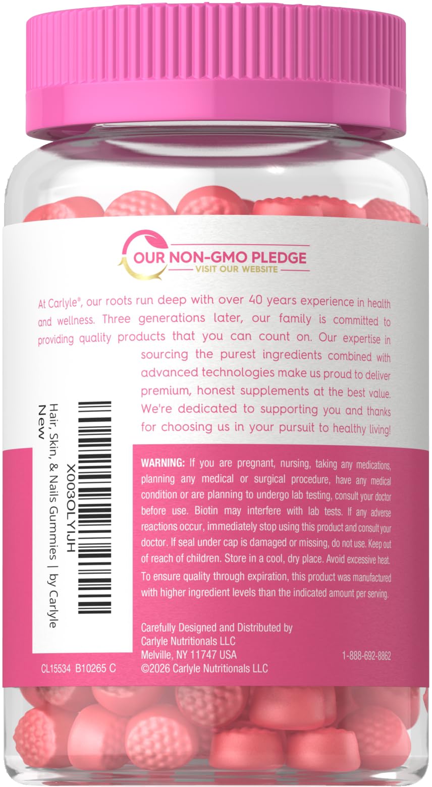 Carlyle Hair, Skin & Nails Gummies showing ingredients list