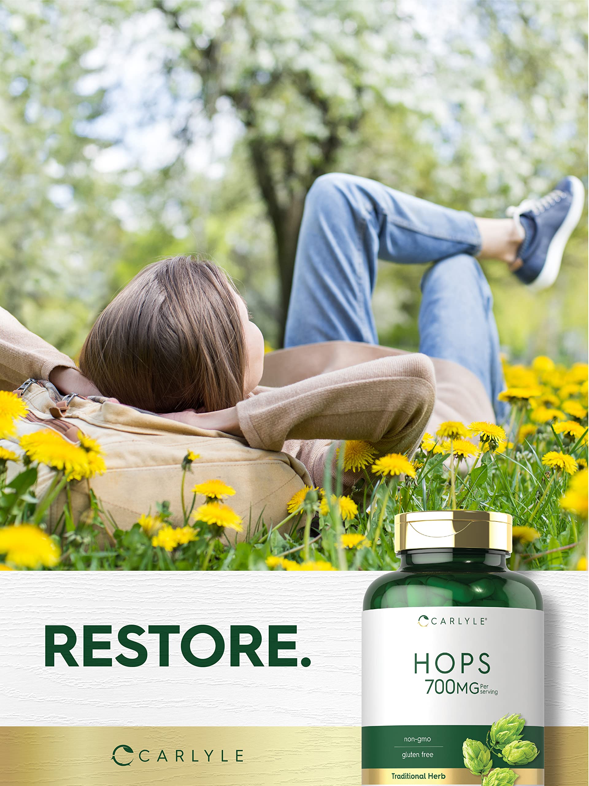Carlyle Hops Flower Capsules 700mg with a measuring spoon