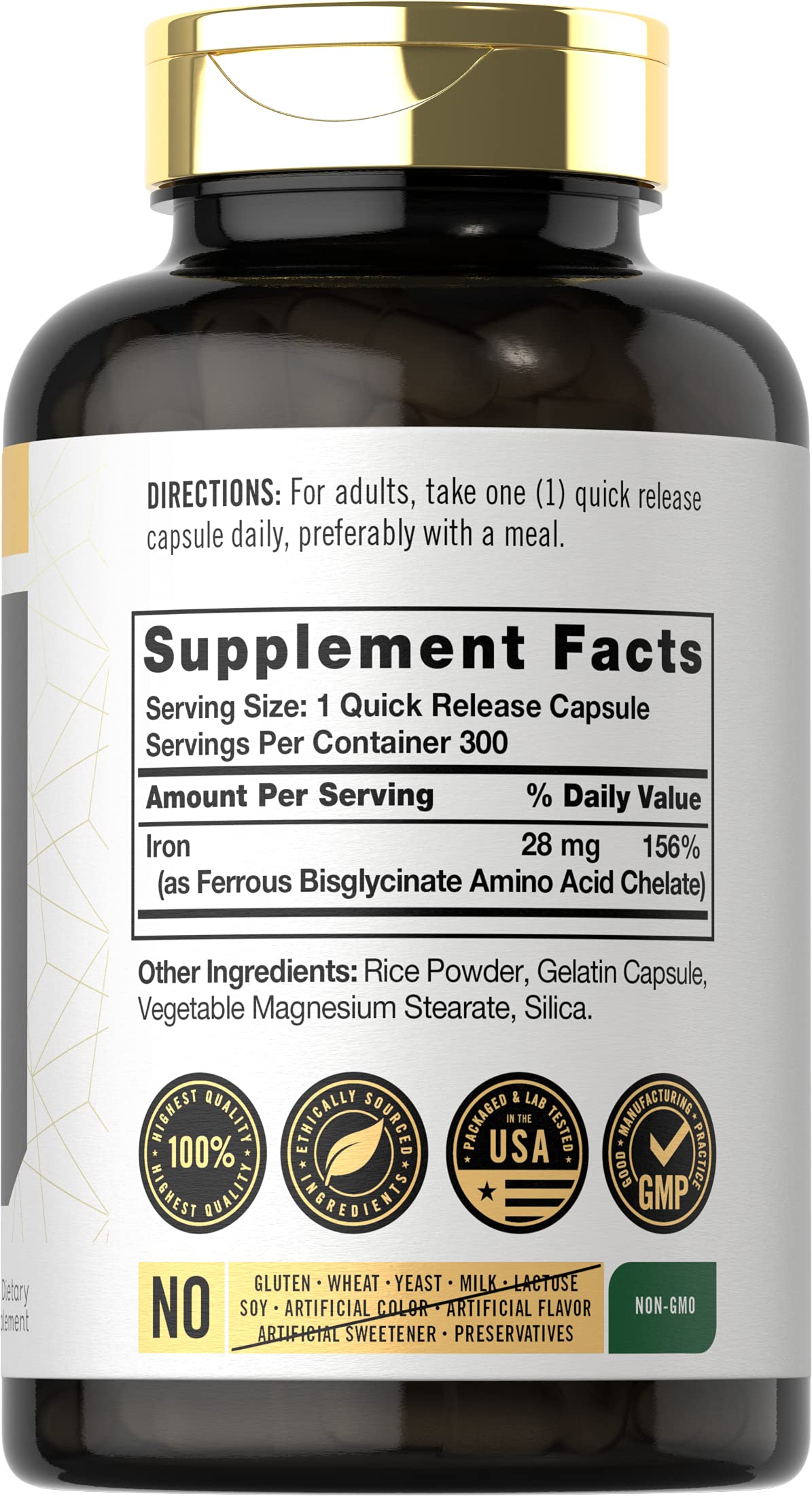 Carlyle Iron Bisglycinate 28mg 60 Capsules side view