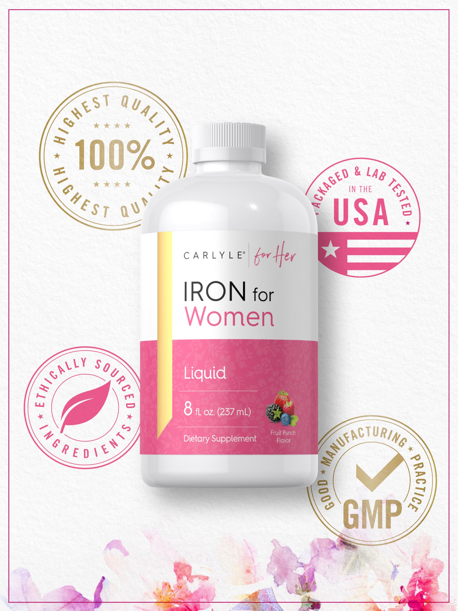 Carlyle Iron Liquid Supplement 18mg Fruit Punch on a kitchen counter