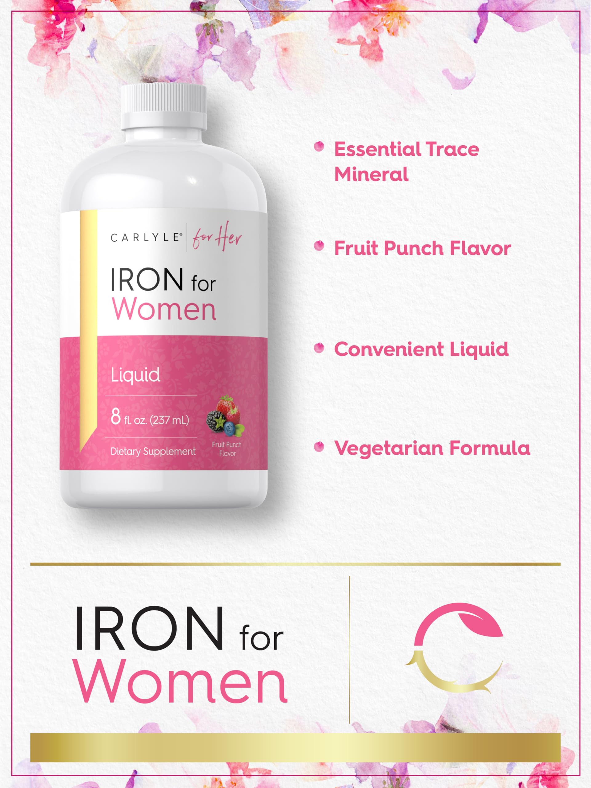 Carlyle Iron Liquid Supplement 18mg Fruit Punch pouring into a spoon