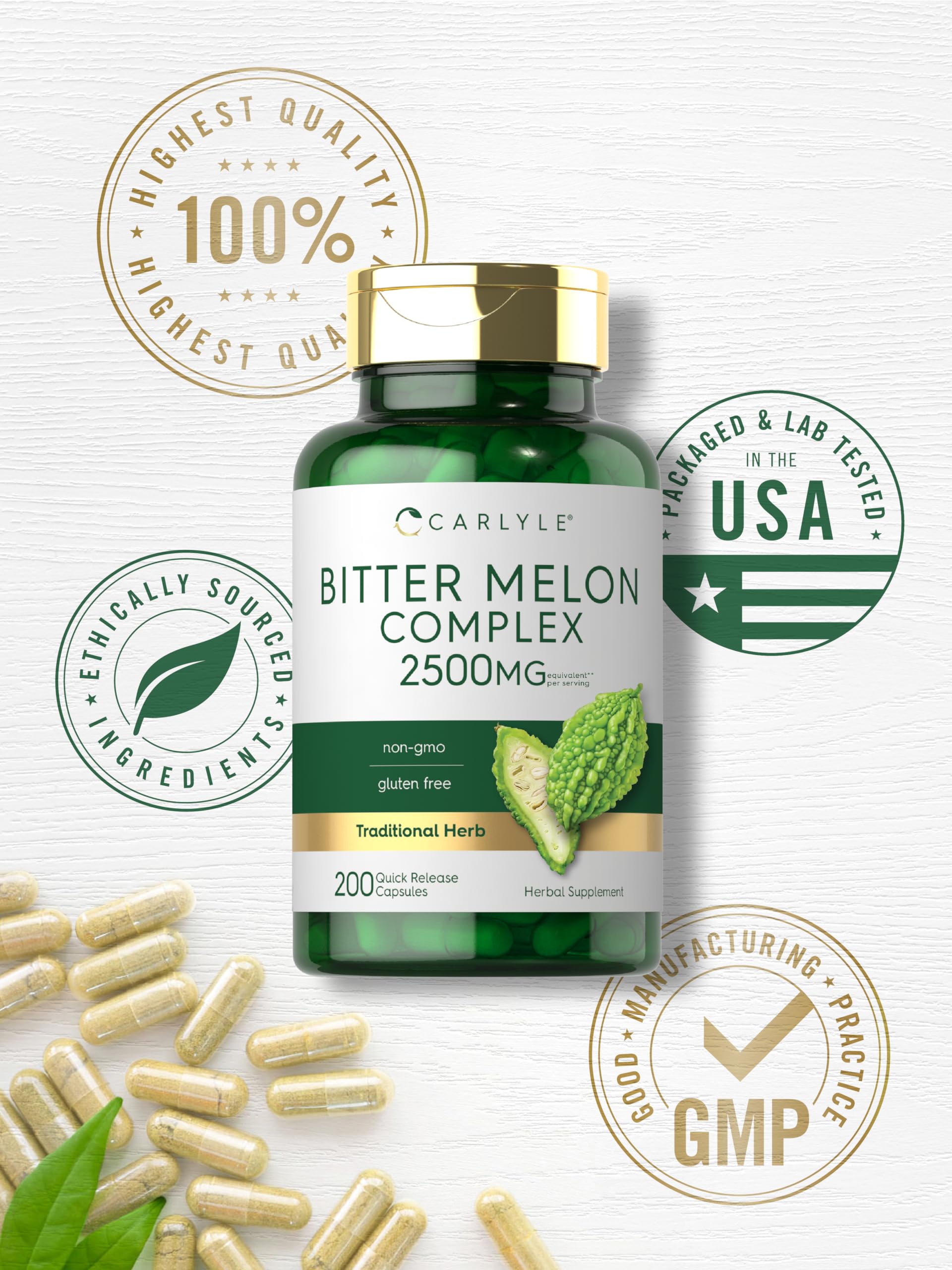 Carlyle Karela Bitter Melon Capsules 1000mg on a wooden table