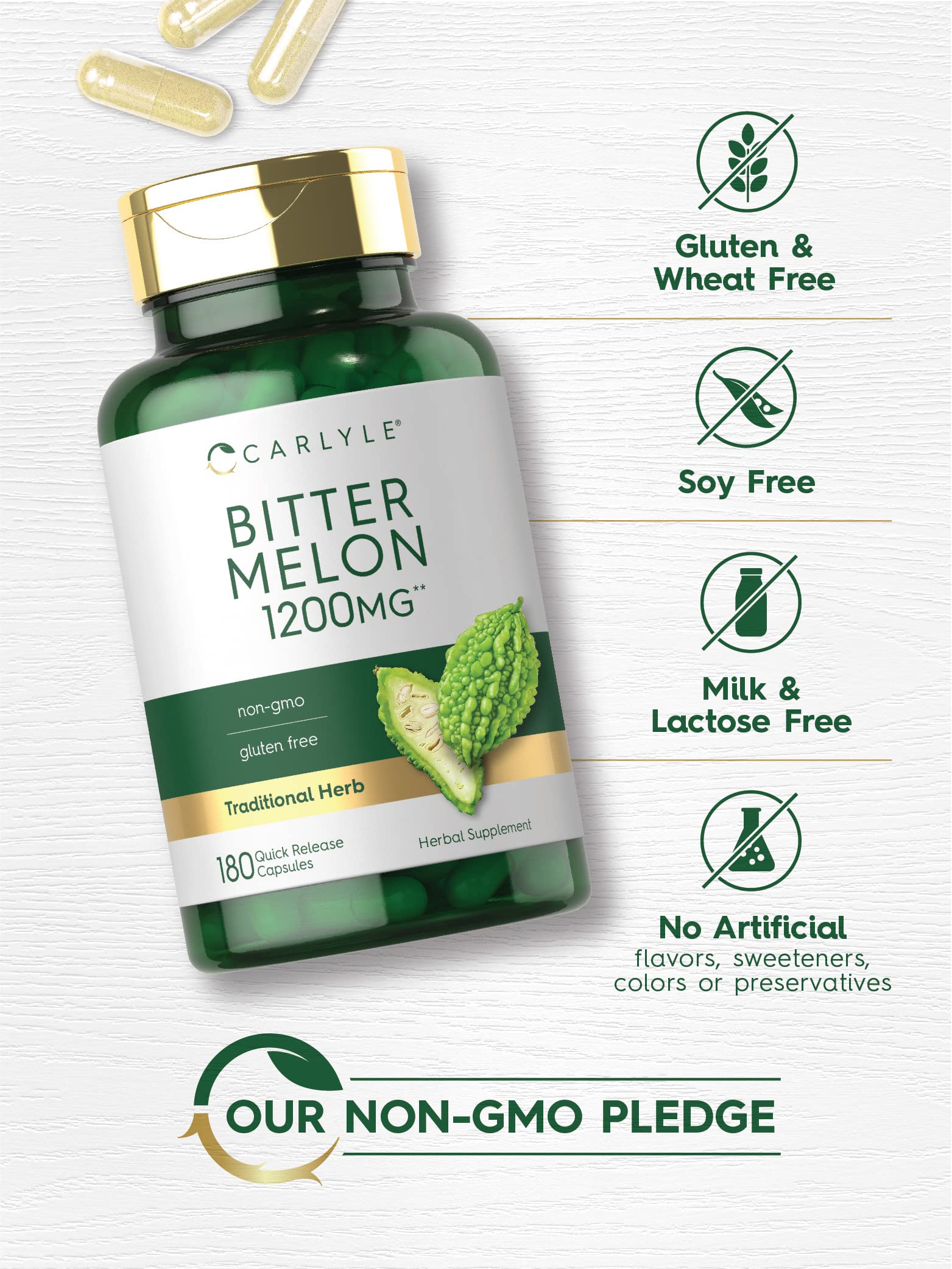 Carlyle Karela Bitter Melon Extract capsule on a wooden surface
