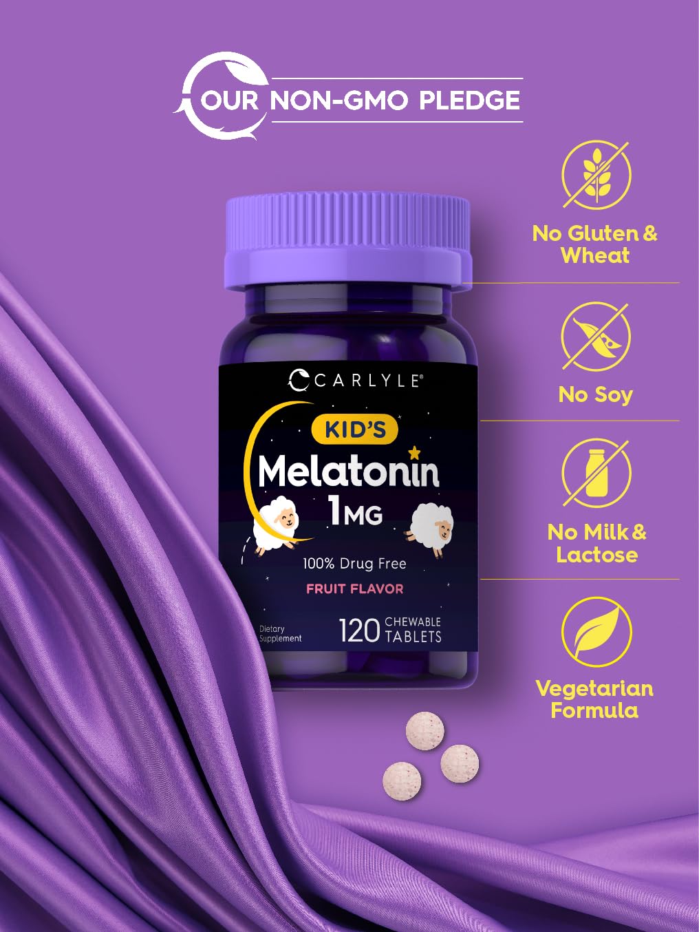Carlyle Kids Melatonin 1mg chewable tablets close-up