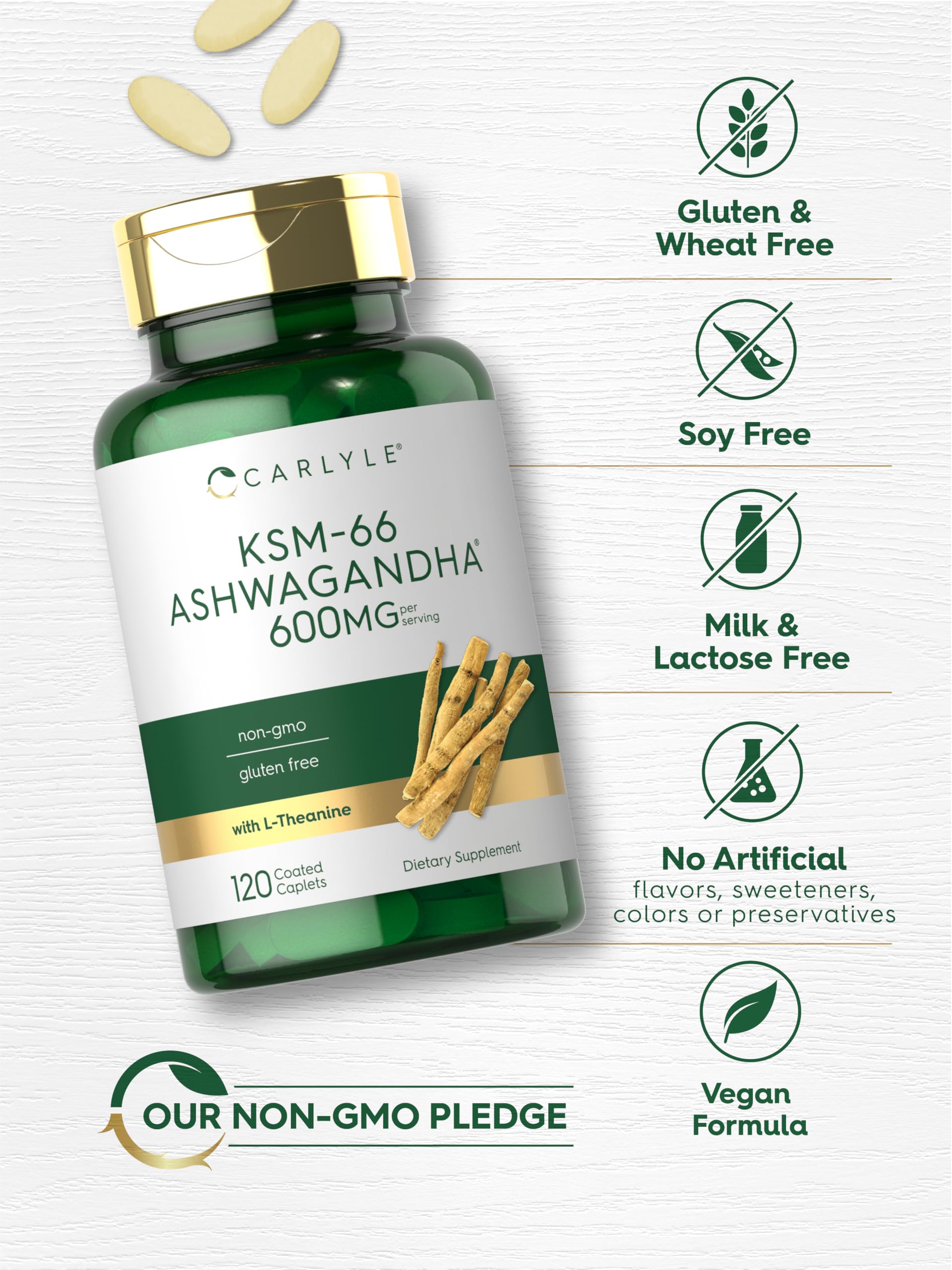 Carlyle KSM-66 Ashwagandha 600mg vegan capsules on a wooden surface